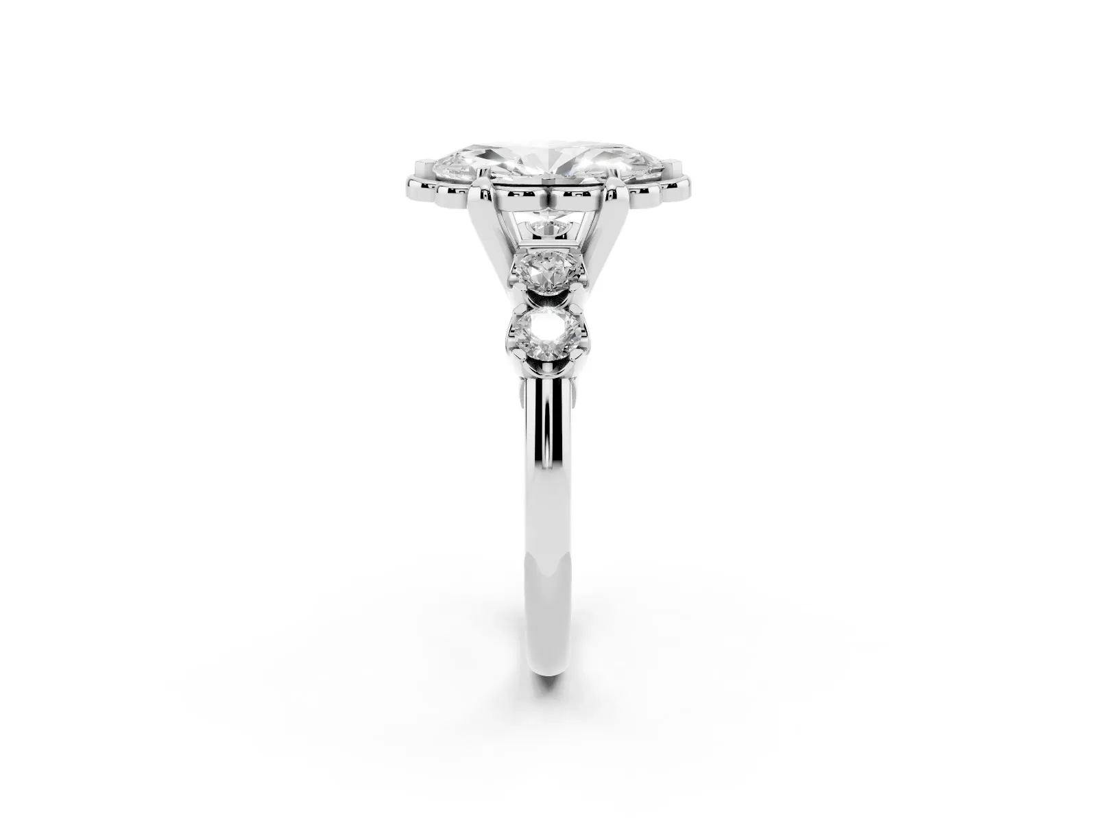 Marquise Cut Cut Diamond Floral Halo Engagement Ring with Shared Prong Setting Platinum