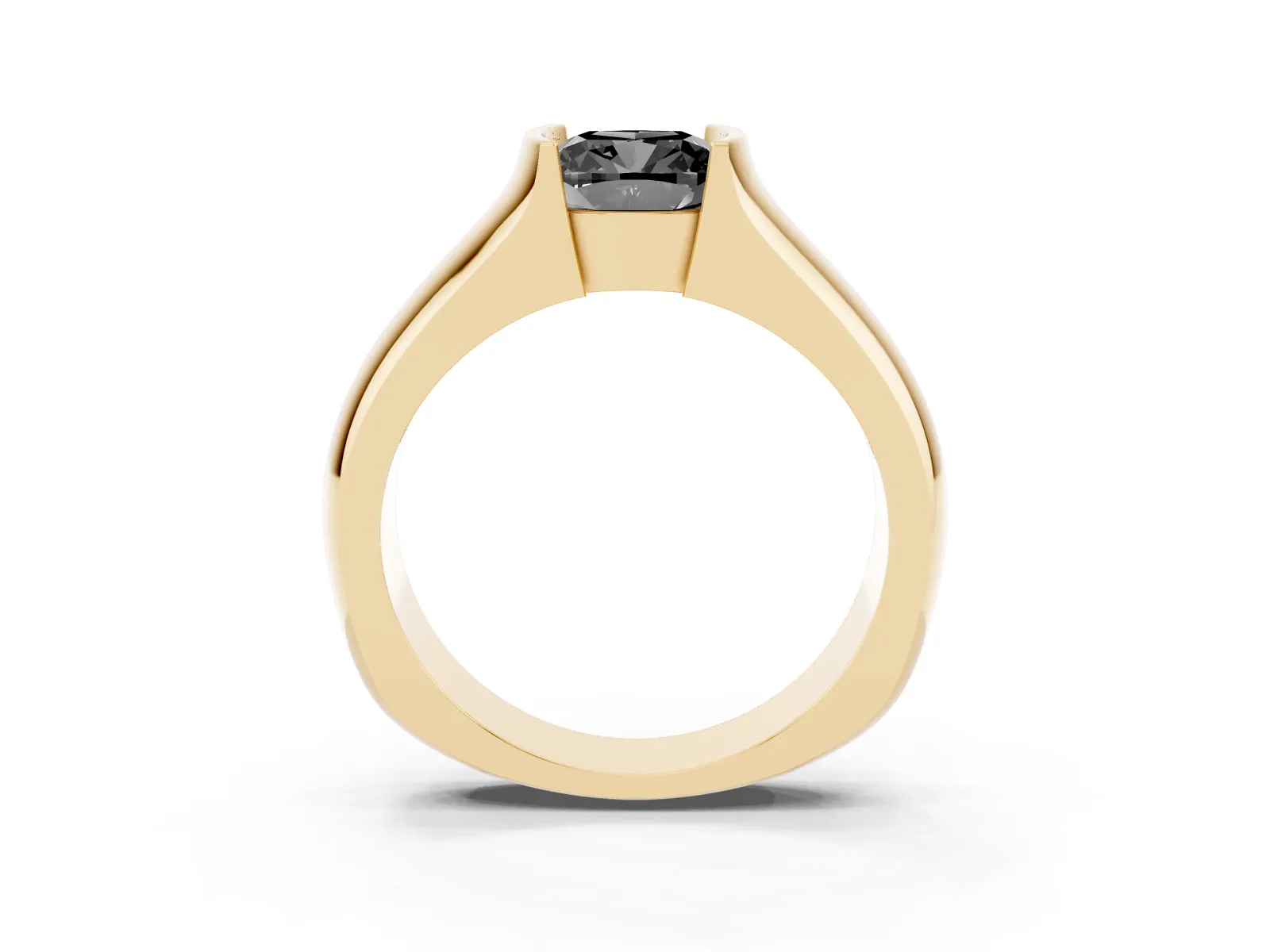 Fancy Black Cushion Cut Solitaire Bezel Set Diamond Ring with Wide Band Yellow gold