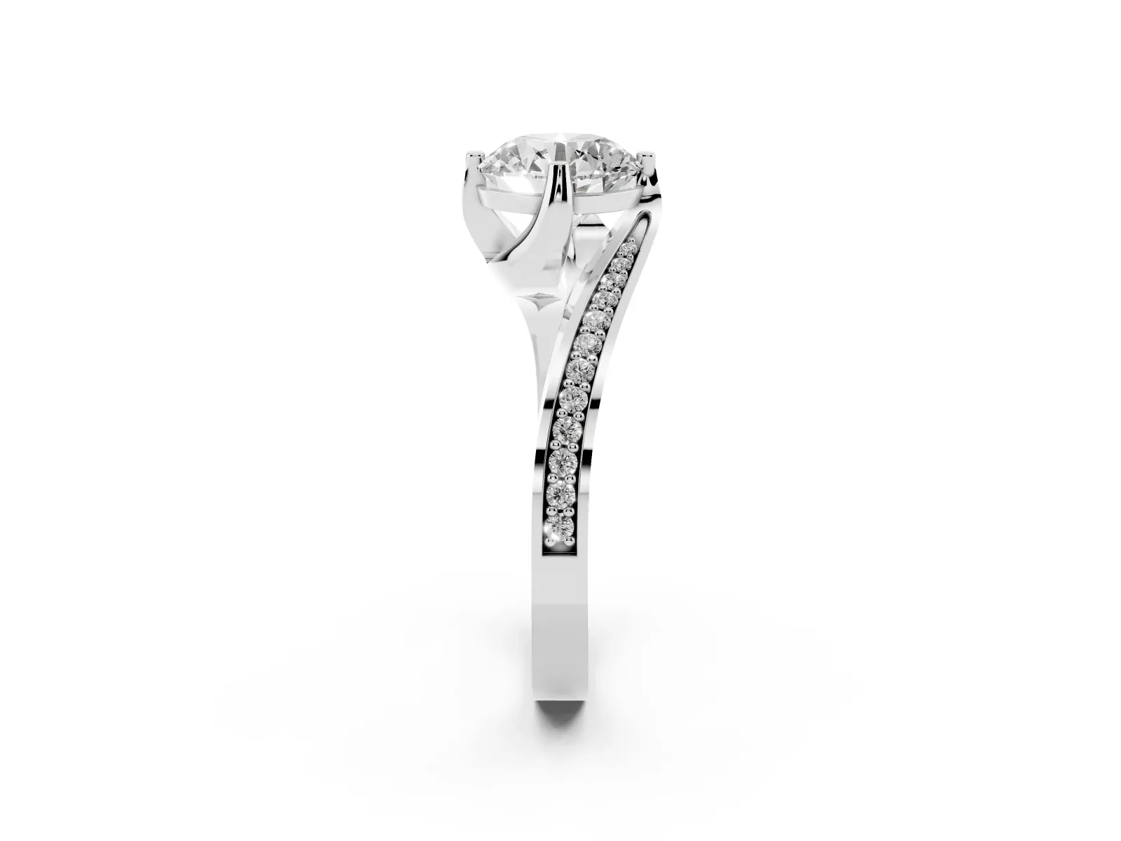Round Cut Solitaire Diamond Twist Band with Pavé Setting and Four-Prong Setting Platinum