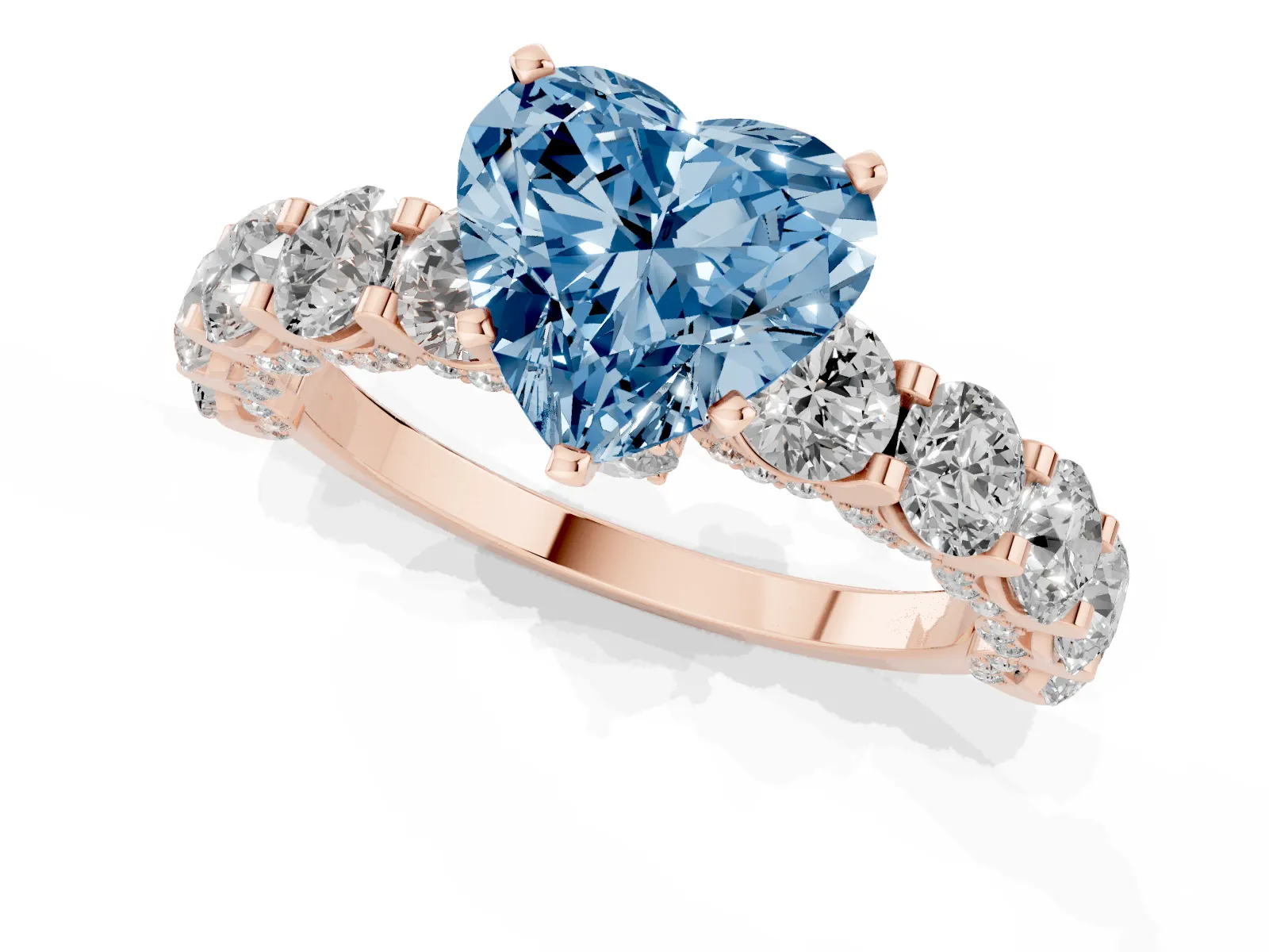 Fancy Blue Heart Cut Diamond Side Stone Engagement Ring with Four-Prong Setting Rose gold