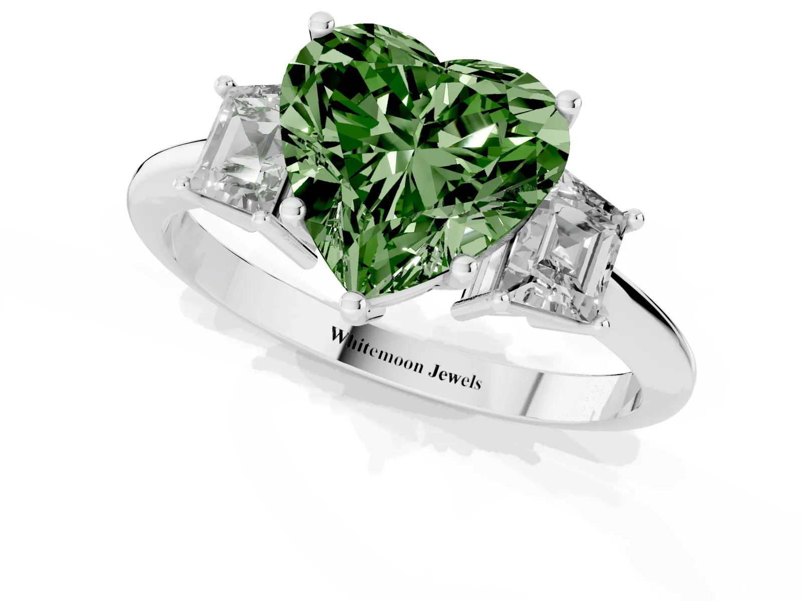 Fancy Green Heart Cut Diamond Three-Stone Ring with Trapezoid Side Stones and Prong Setting White gold