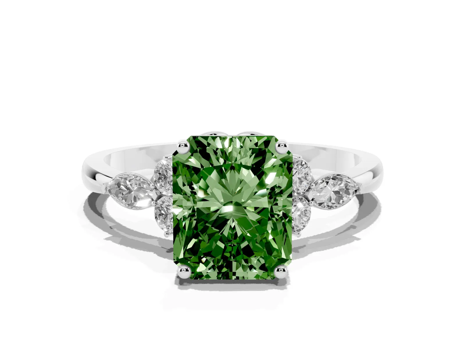 Fancy Green Radiant Cut Brilliant Diamond Solitaire Ring with Pear Side Stones and Four-Prong Setting White gold