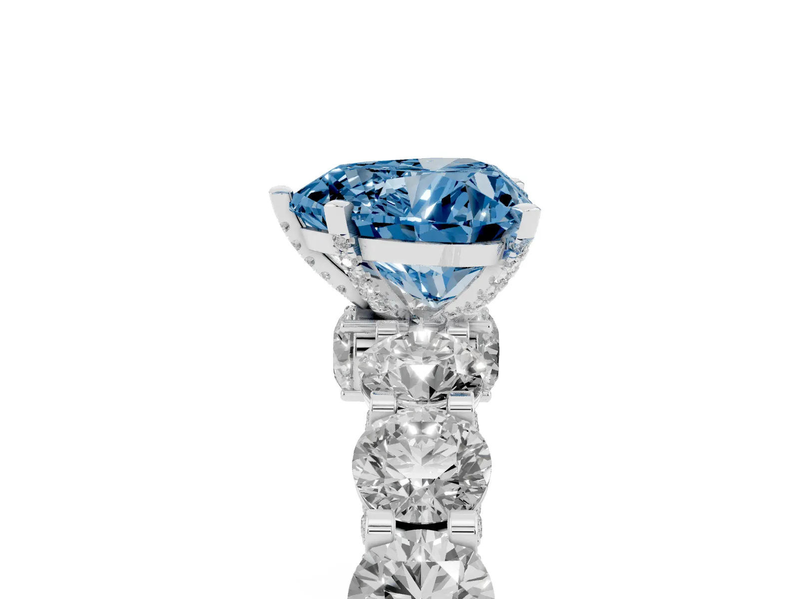 Fancy Blue Heart Cut Diamond Side Stone Engagement Ring with Four-Prong Setting Platinum