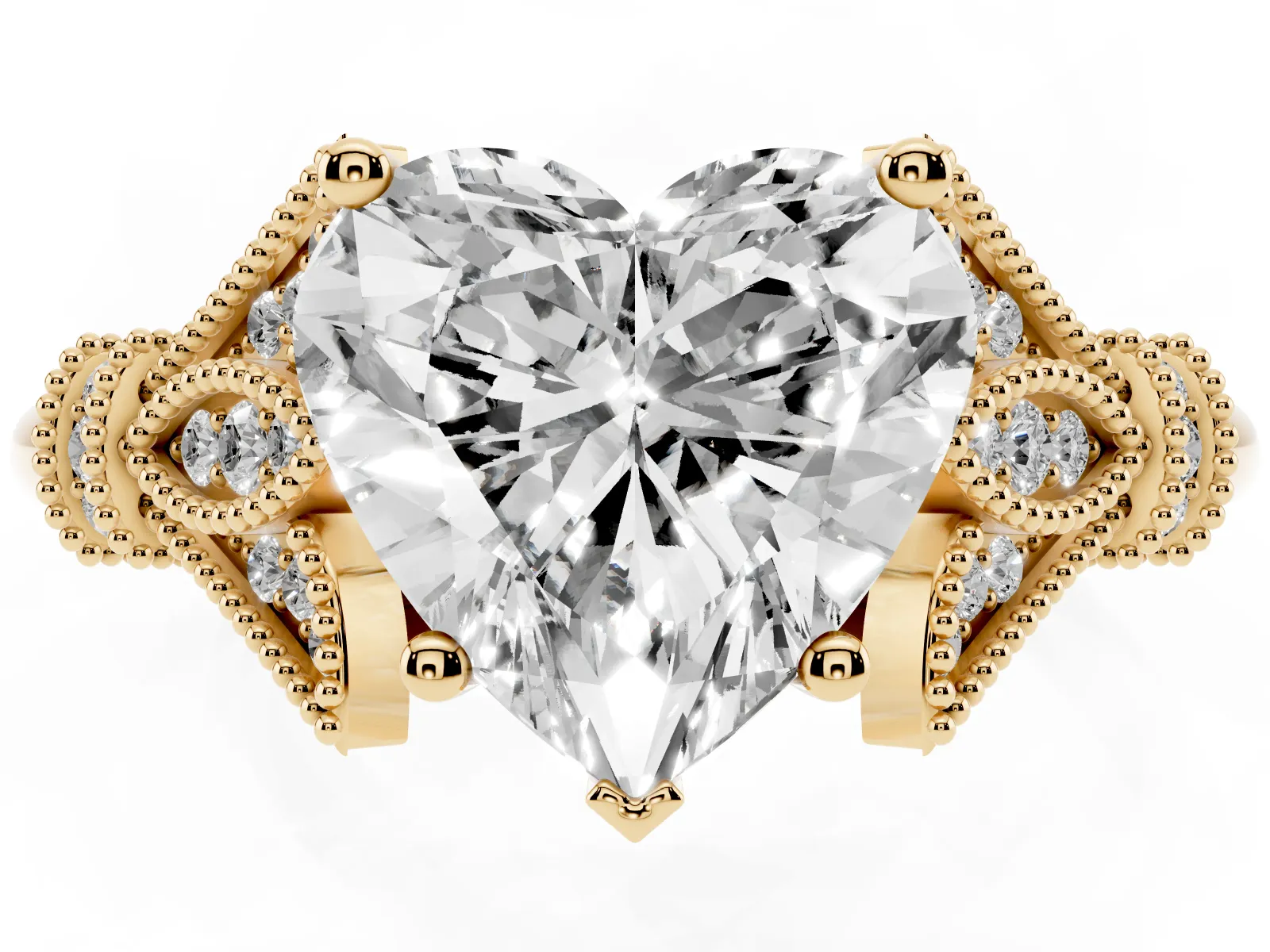 Heart Cut Diamond Solitaire Ring with Floral Filigree and Pave Accents Yellow gold