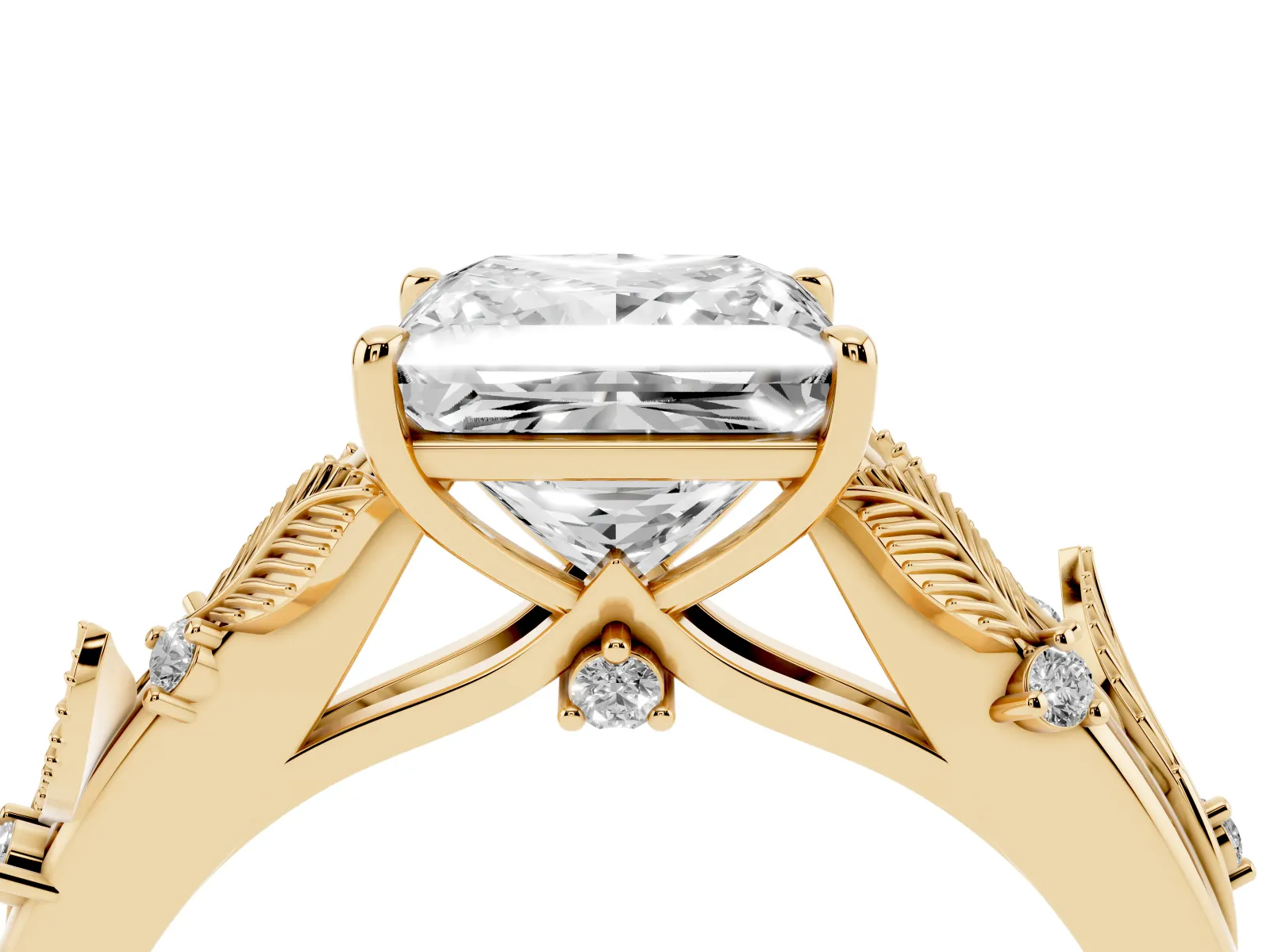 Princess Cut Diamond Solitaire Ring with Leaf Motif Band and Four-Prong Setting Yellow gold