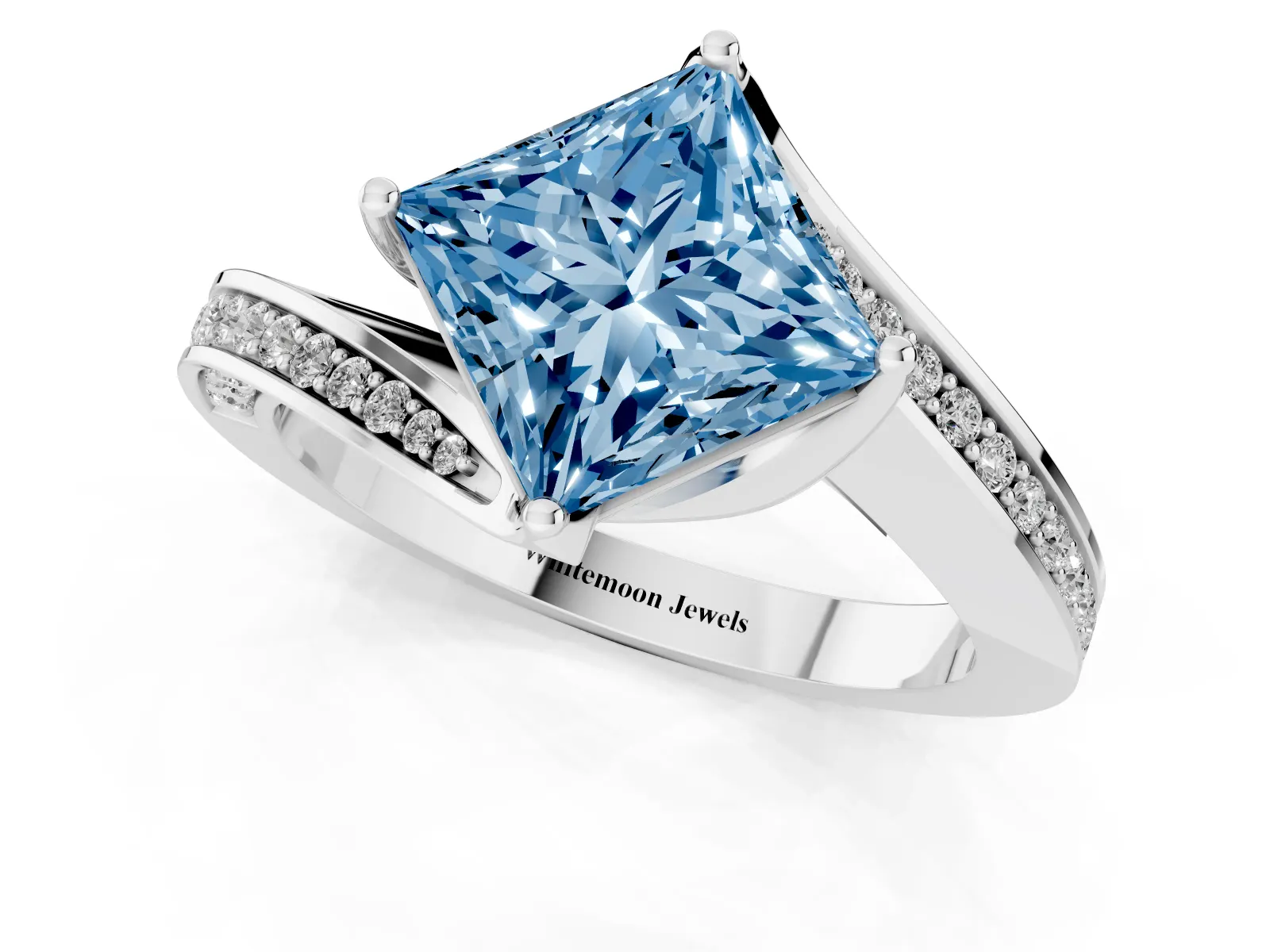 Fancy Blue Princess Cut Solitaire Diamond Twist Band with Pavé Setting and Four-Prong Setting Platinum