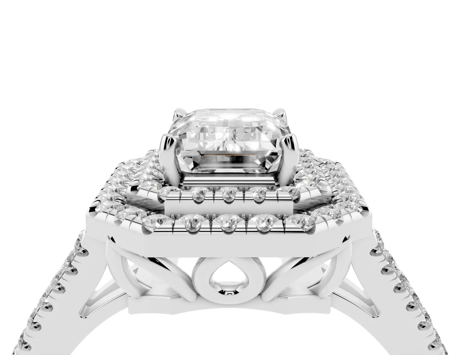 Emerald Cut Diamond Double Halo Ring with Pavé Band and Prong Setting Platinum