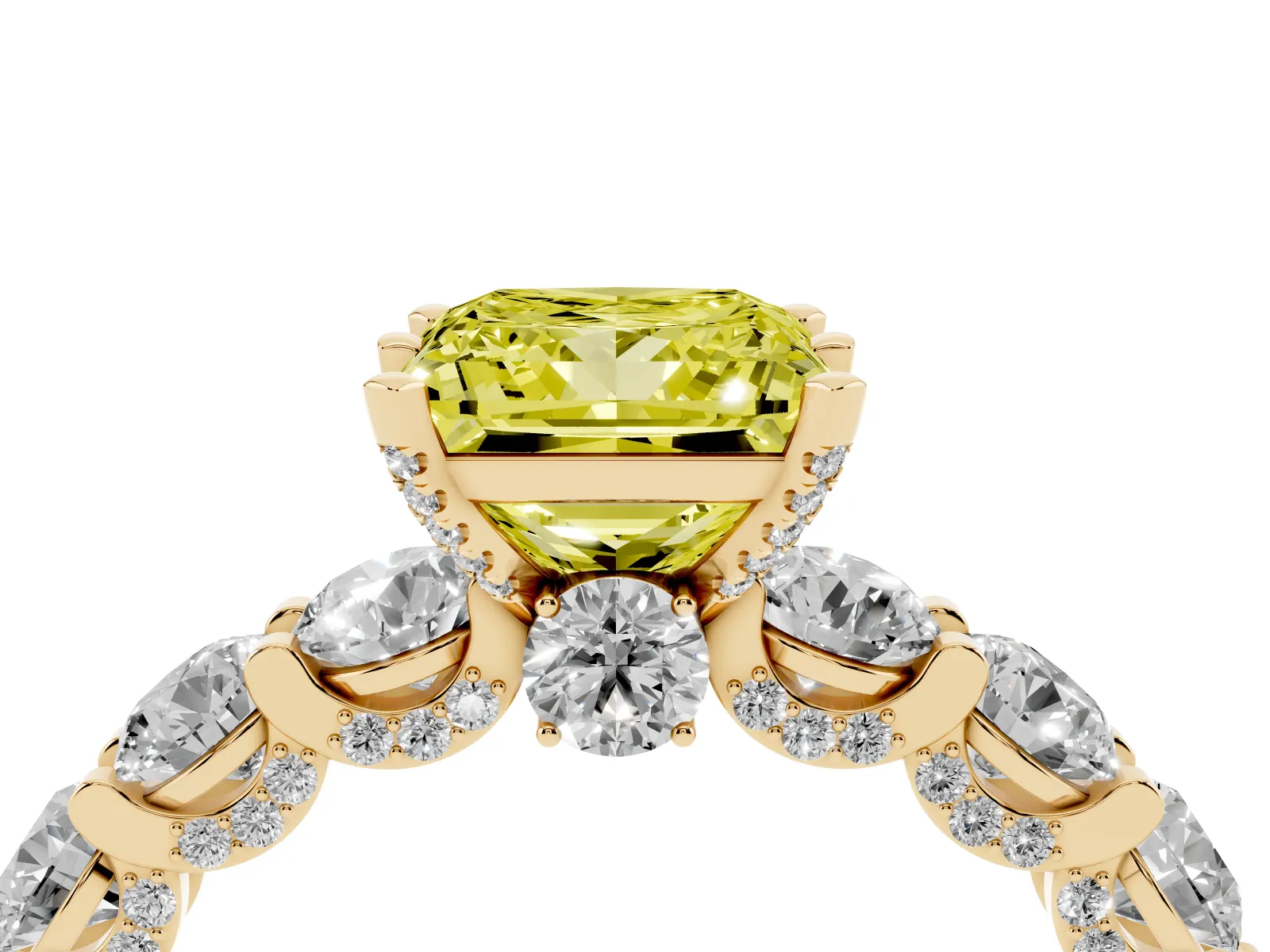 Fancy Yellow Princess Cut Diamond Side Stone Engagement Ring with Four-Prong Setting Yellow gold