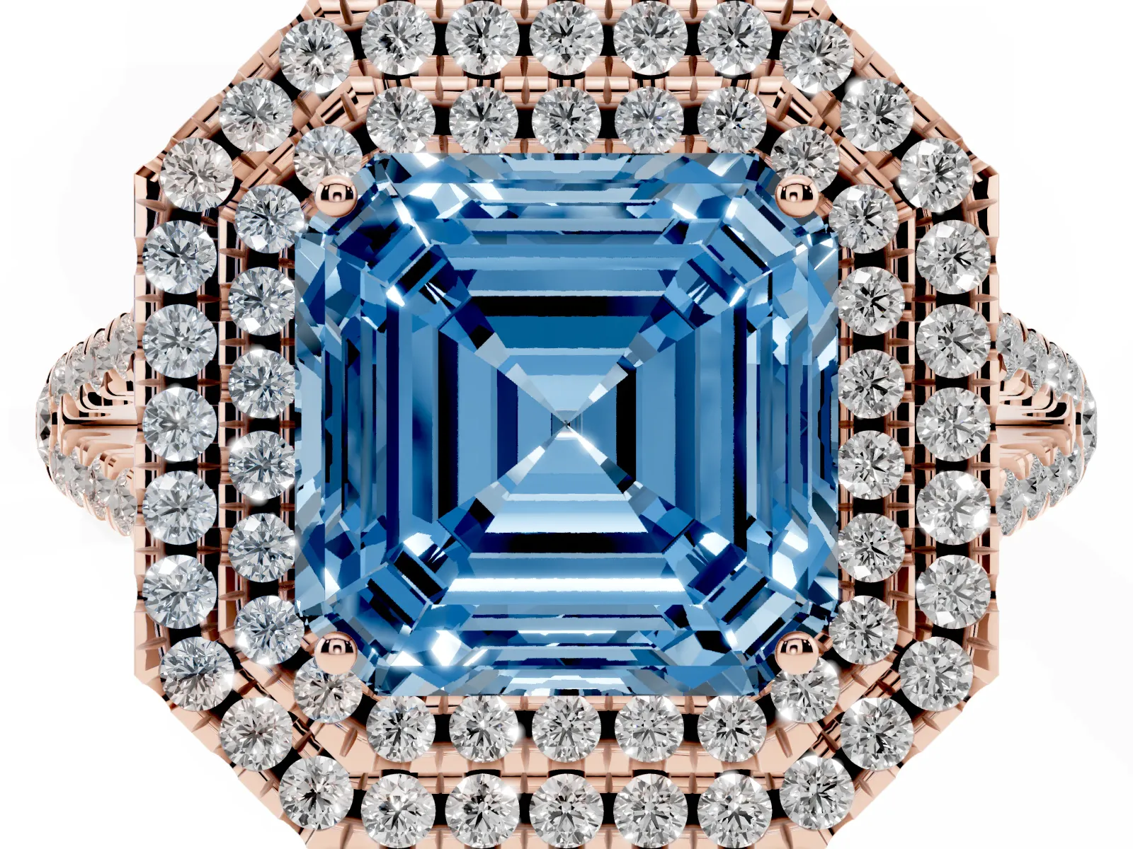 Fancy Blue Asscher Cut Diamond Double Halo Ring with Pavé Band and Prong Setting Rose gold