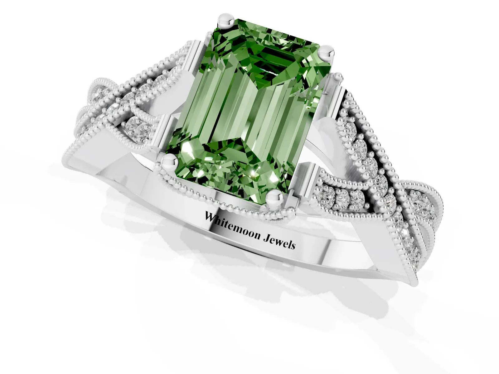 Fancy Green Emerald Cut Cut Diamond Twisted Band with Milgrain Pave Setting and Four-Prong Setting Platinum