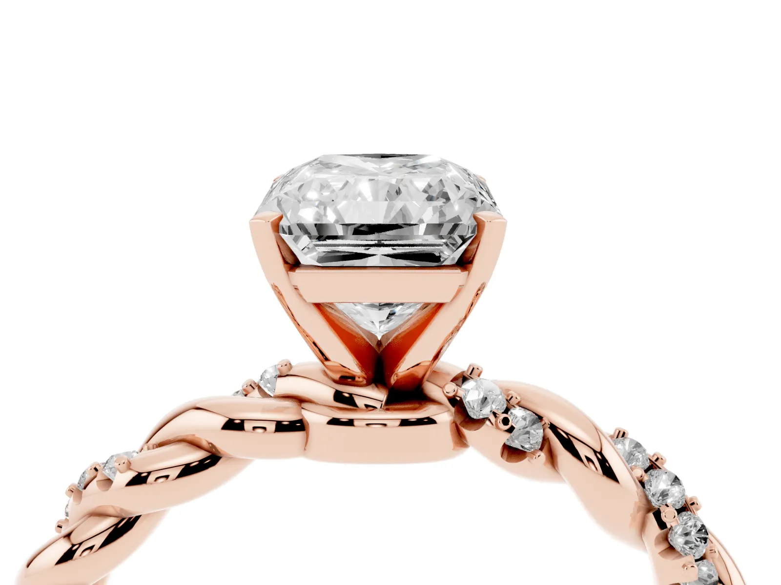 Radiant Cut Diamond Solitaire Ring with Twisted Band and Pavé Accents Rose gold