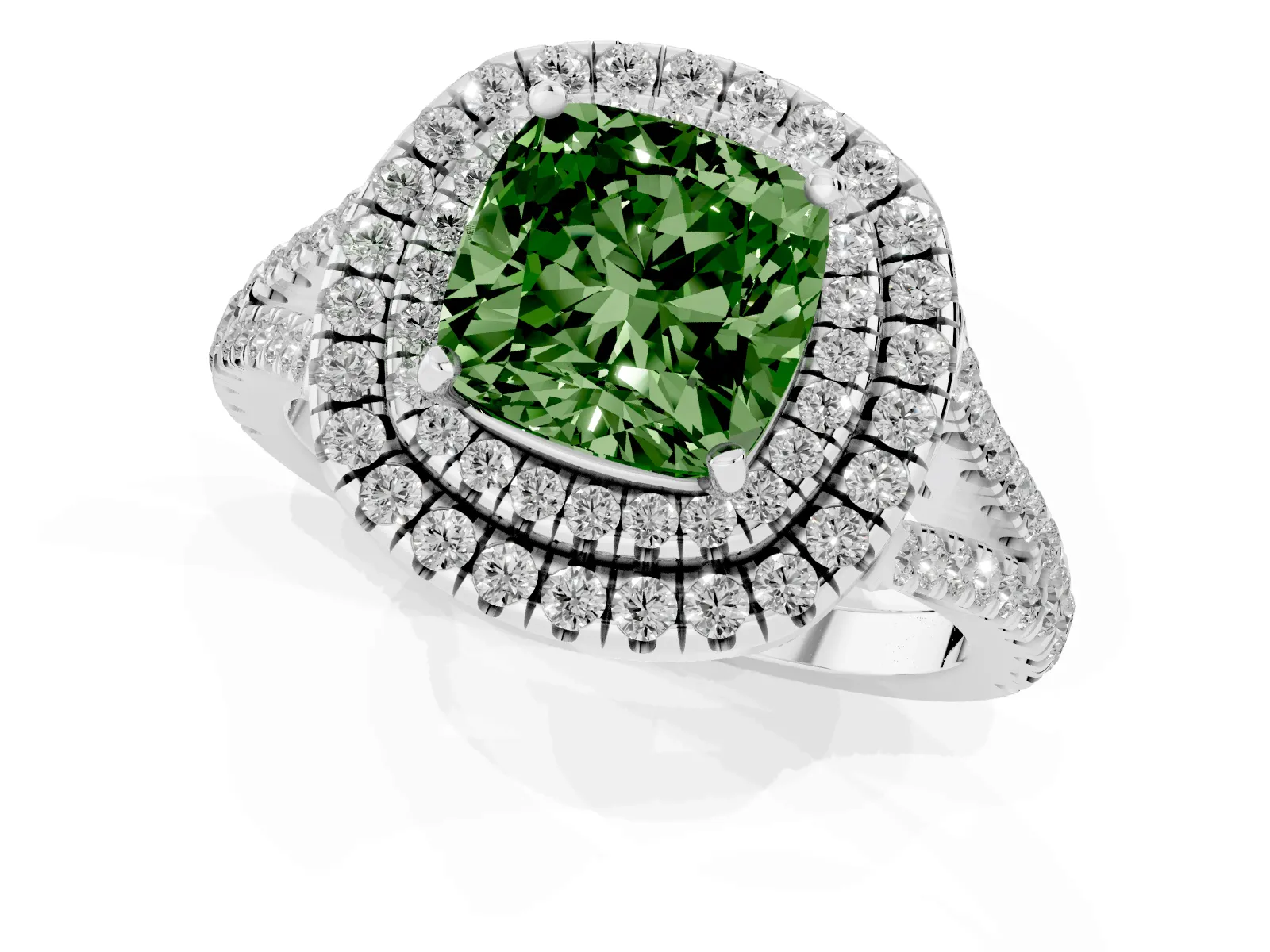 Fancy Green Cushion Cut Diamond Double Halo Ring with Pavé Band and Prong Setting Platinum