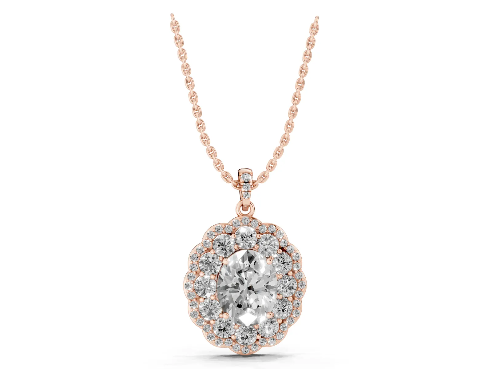 Oval Diamond Floral Halo Pendant with Diamond Accents Rose gold