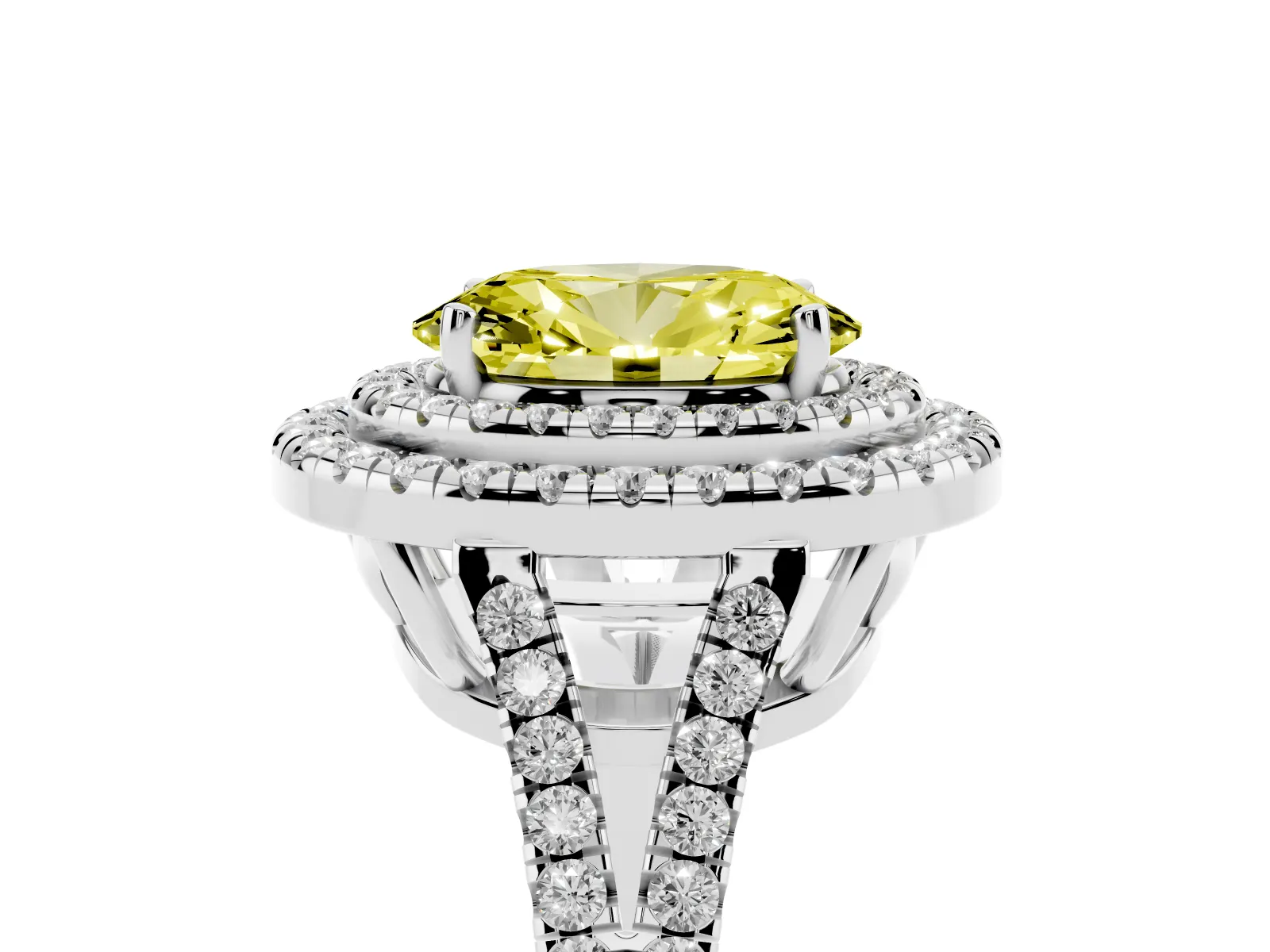 Fancy Yellow Oval Cut Diamond Double Halo Ring with Pavé Band and Prong Setting Platinum