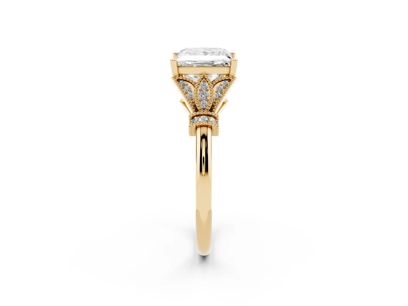 Princess Cut Diamond Solitaire Ring with Floral Filigree and Pave Accents Yellow gold