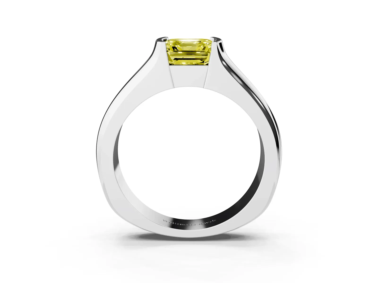 Fancy Yellow Asscher Cut Solitaire Bezel Set Diamond Ring with Wide Band Platinum