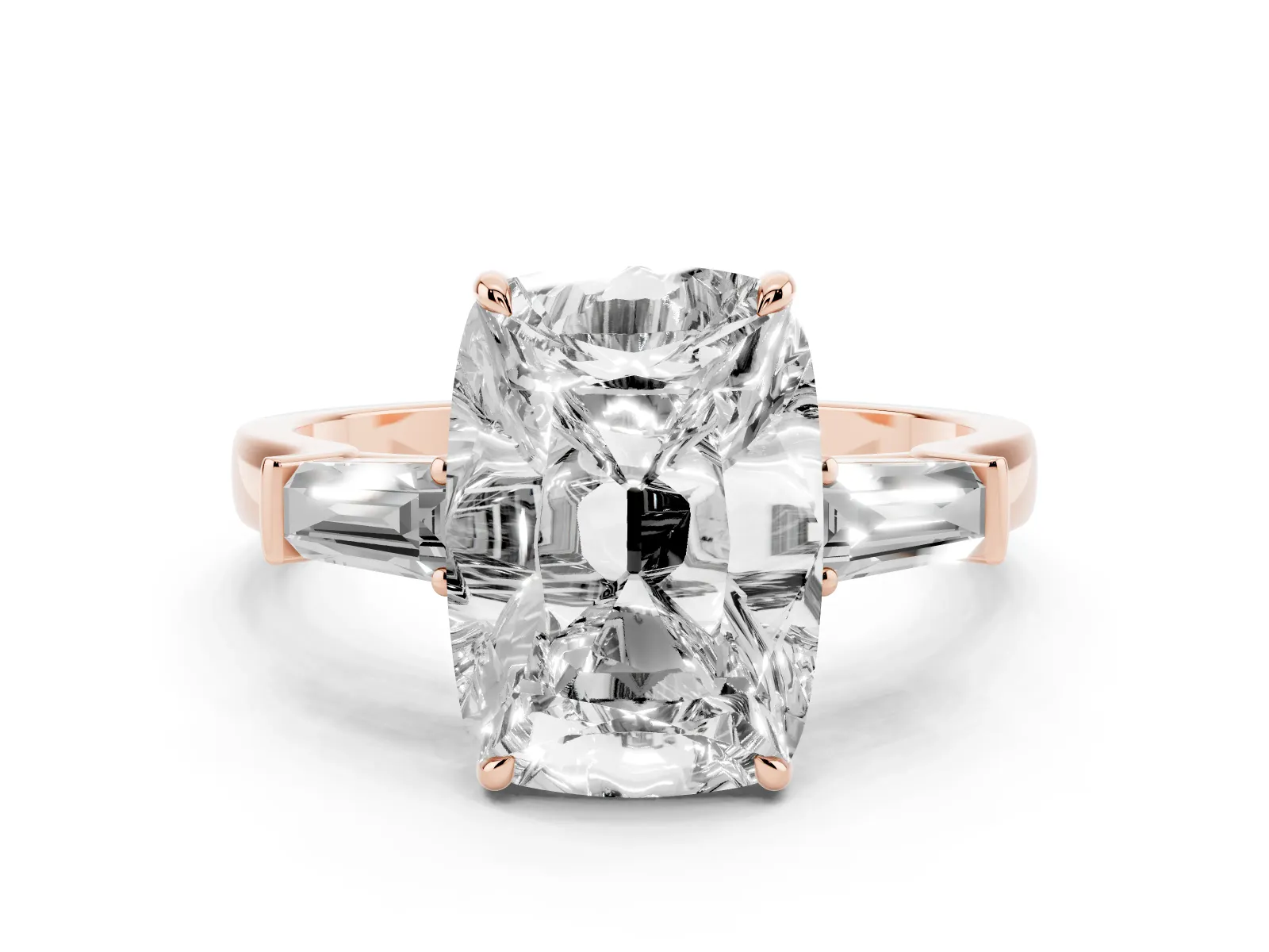 Old Mine Elongated Cushion Diamond with Side Tapered Baguette Three Stone Ring Rose gold