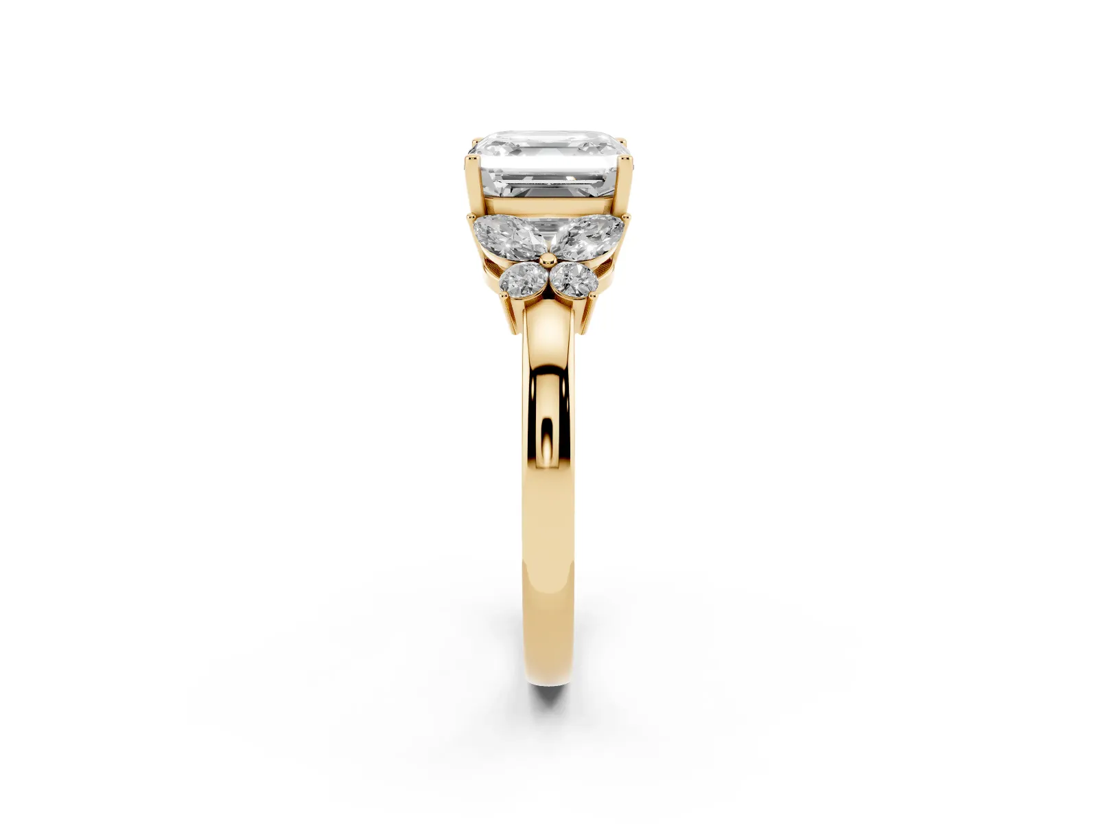 Asscher Cut Cut Solitaire Floral Diamond Ring with Four-Prong Setting Yellow gold