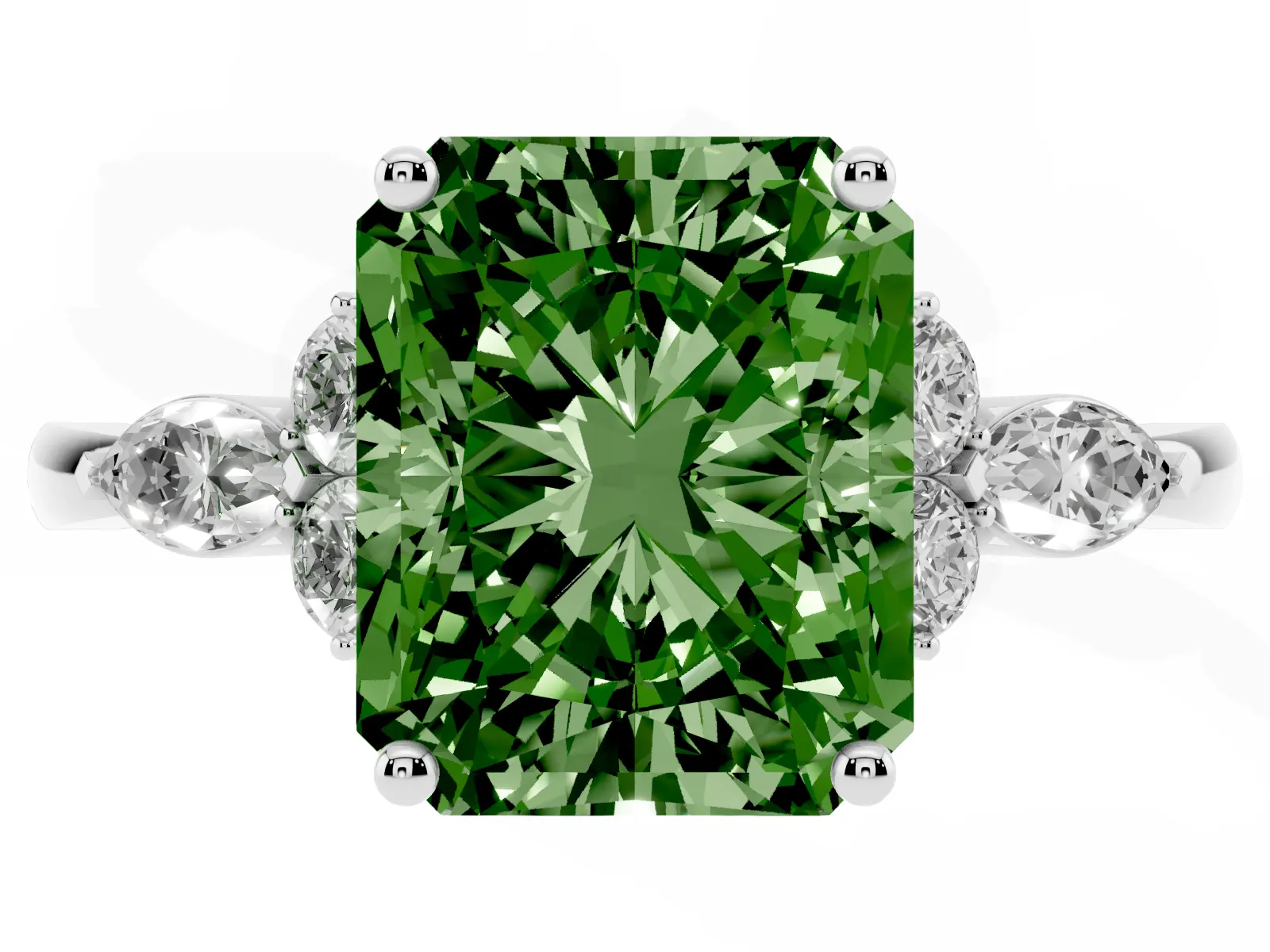 Fancy Green Radiant Cut Brilliant Diamond Solitaire Ring with Pear Side Stones and Four-Prong Setting White gold