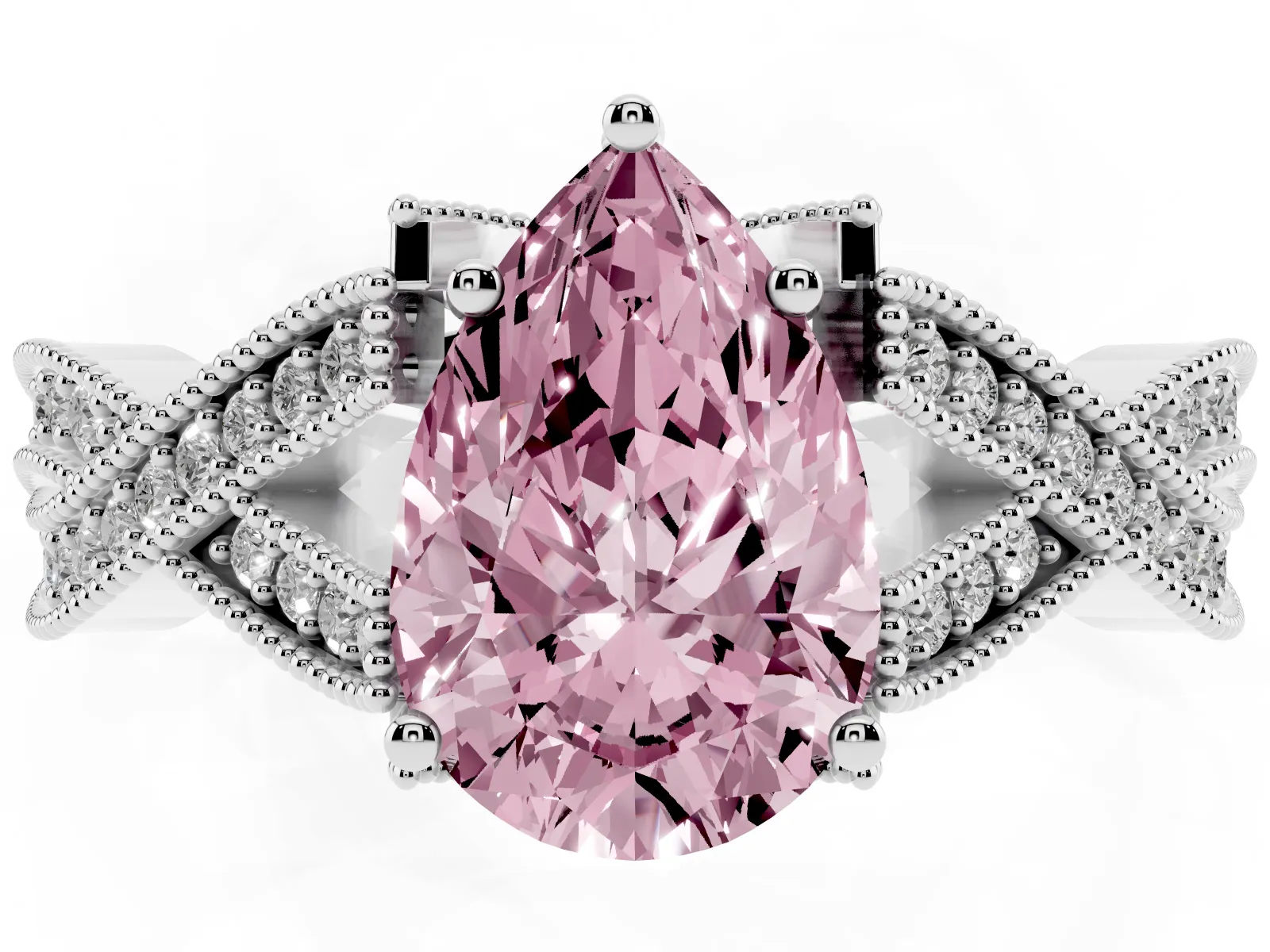 Fancy Pink Pear Cut Cut Diamond Twisted Band with Milgrain Pave Setting and Four-Prong Setting Platinum