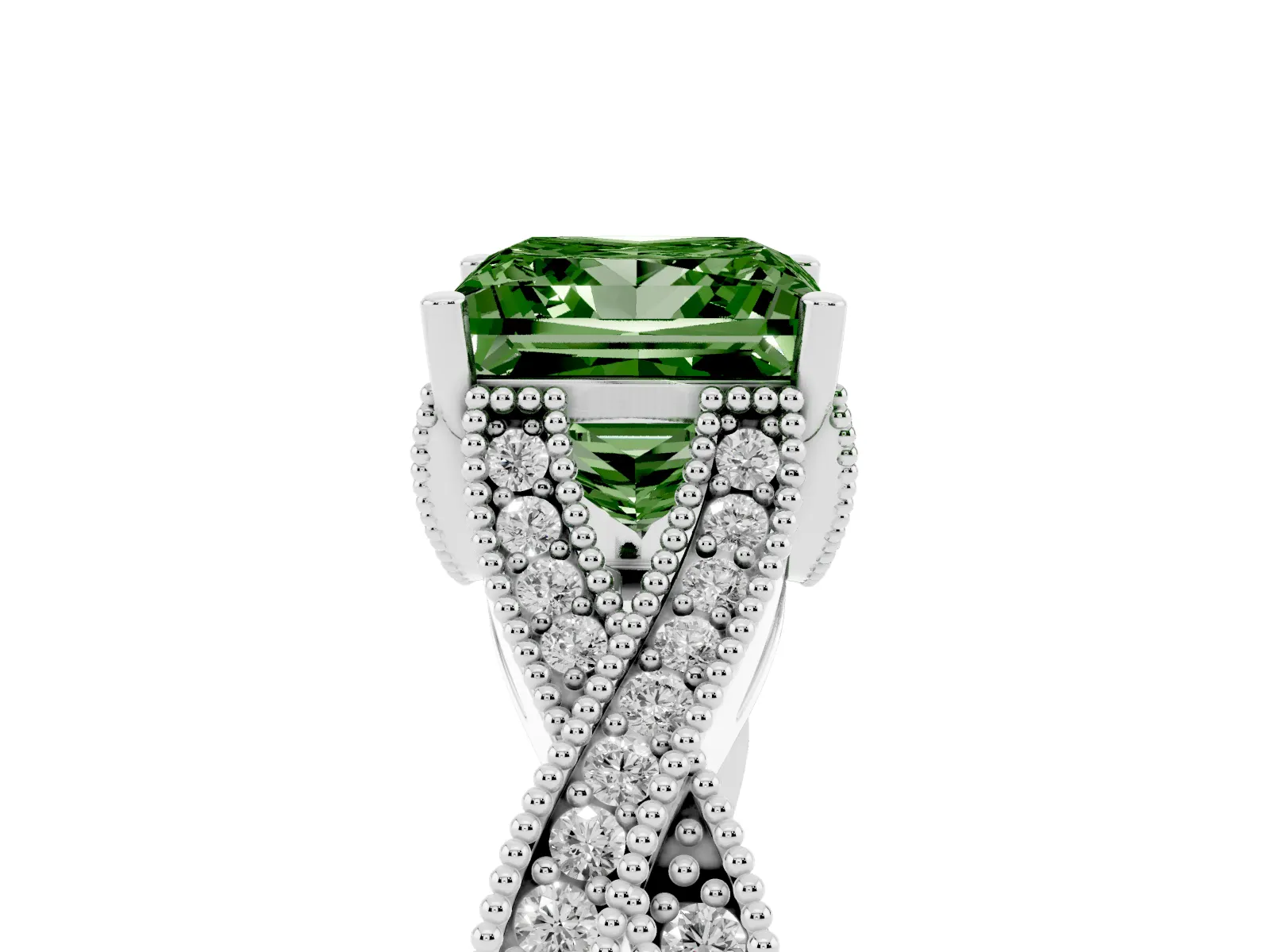 Fancy Green Princess Cut Cut Diamond Twisted Band with Milgrain Pave Setting and Four-Prong Setting Platinum