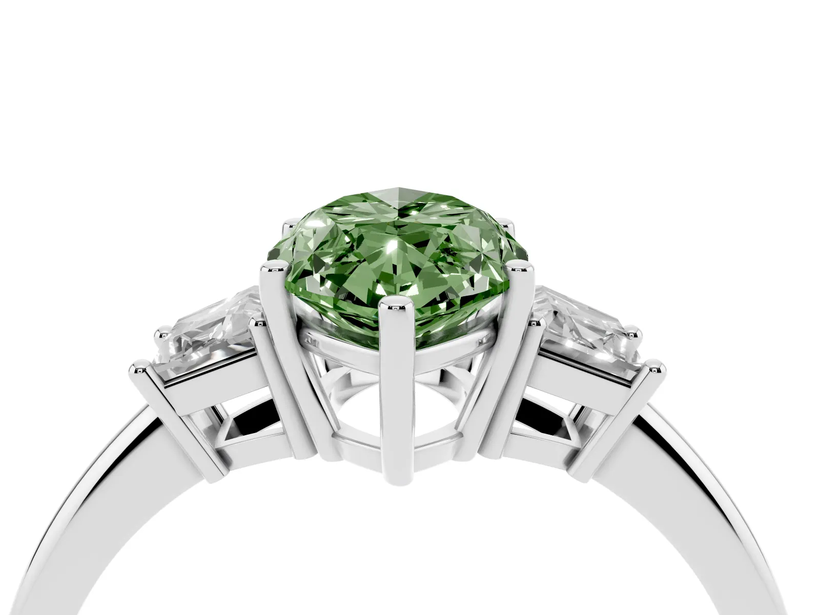 Fancy Green Marquise Cut Diamond Three-Stone Ring with Trapezoid Side Stones and Prong Setting Platinum