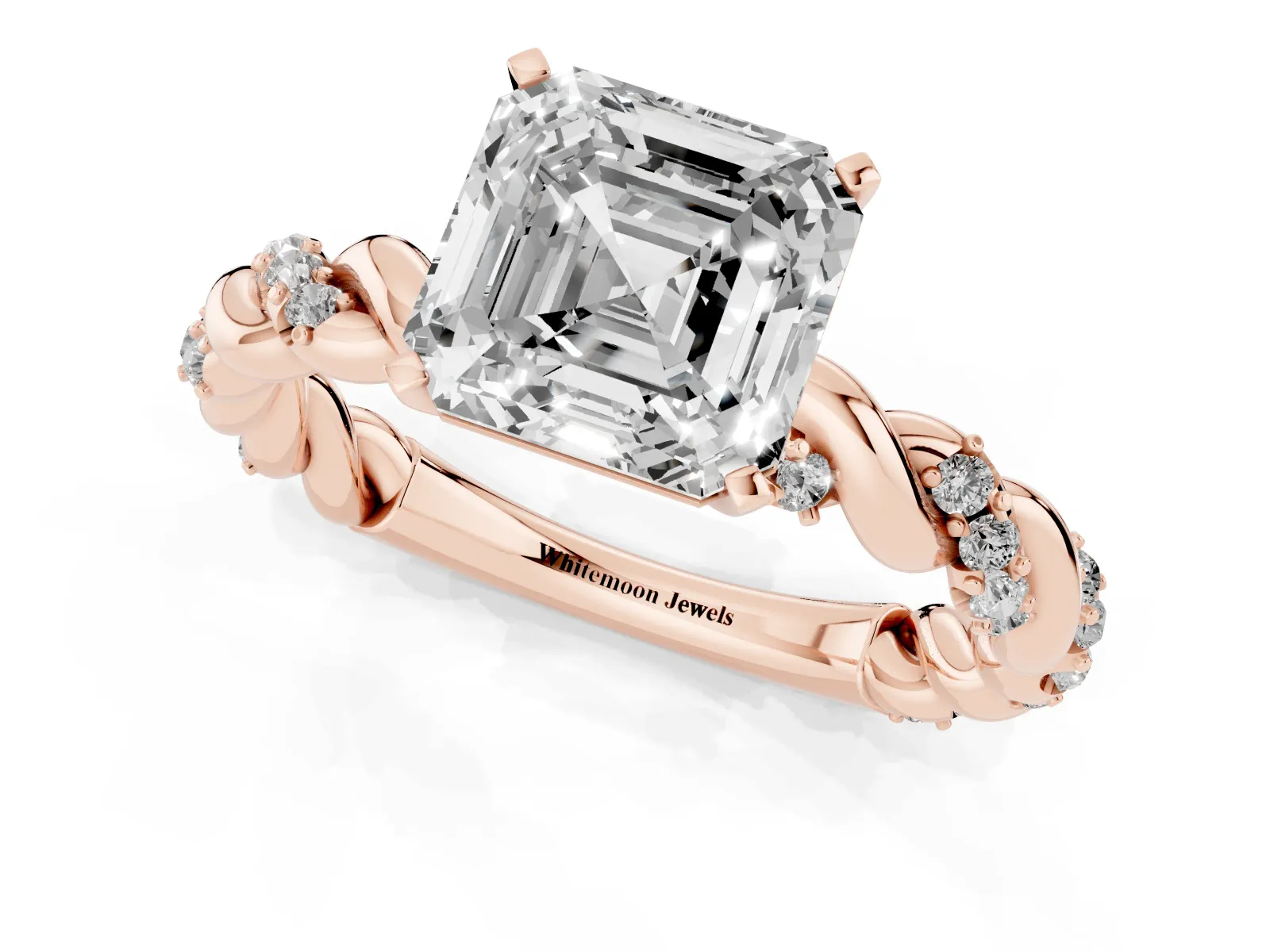 Asscher Cut Diamond Solitaire Ring with Twisted Band and Pavé Accents Rose gold