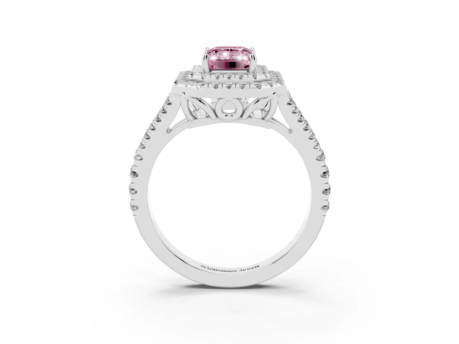 Fancy Pink Emerald Cut Diamond Double Halo Ring with Pavé Band and Prong Setting Platinum