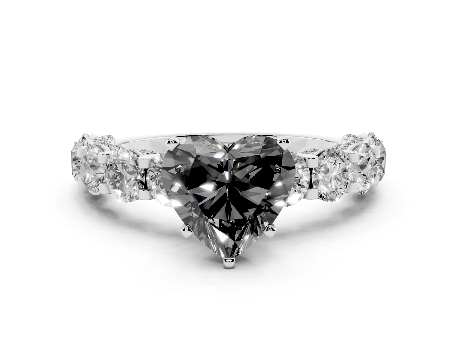Fancy Black Heart Cut Diamond Side Stone Engagement Ring with Four-Prong Setting Platinum