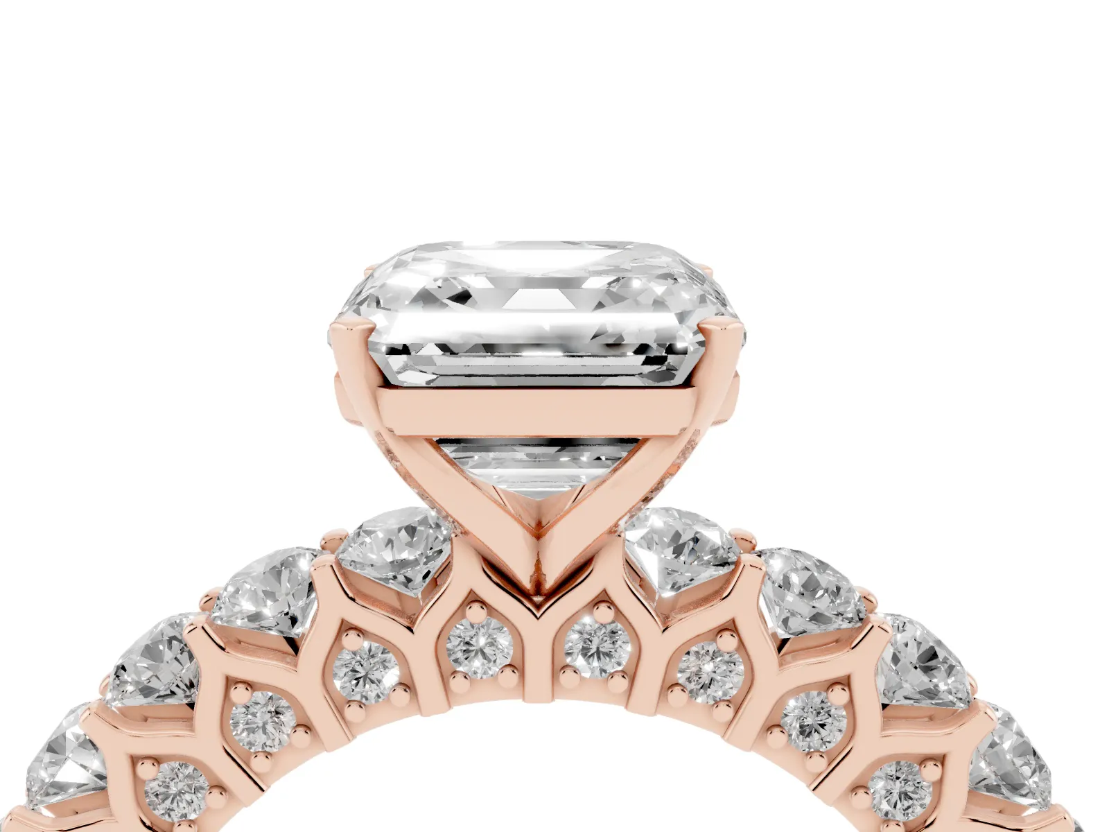 Asscher Cut Diamond Solitaire Ring with Shared Prong Pavé Band and Four-Prong Setting Rose gold