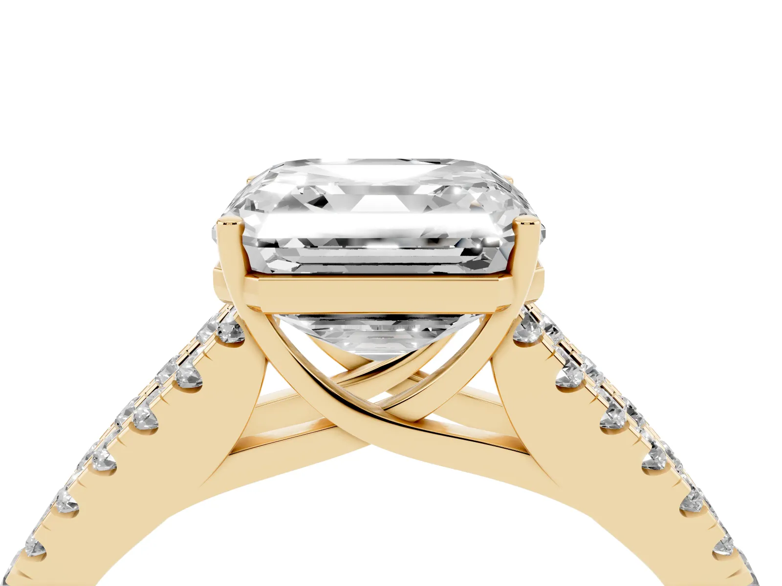 Asscher Cut Diamond Split Shank Engagement Ring with Round Pavé and Prong Setting Yellow gold