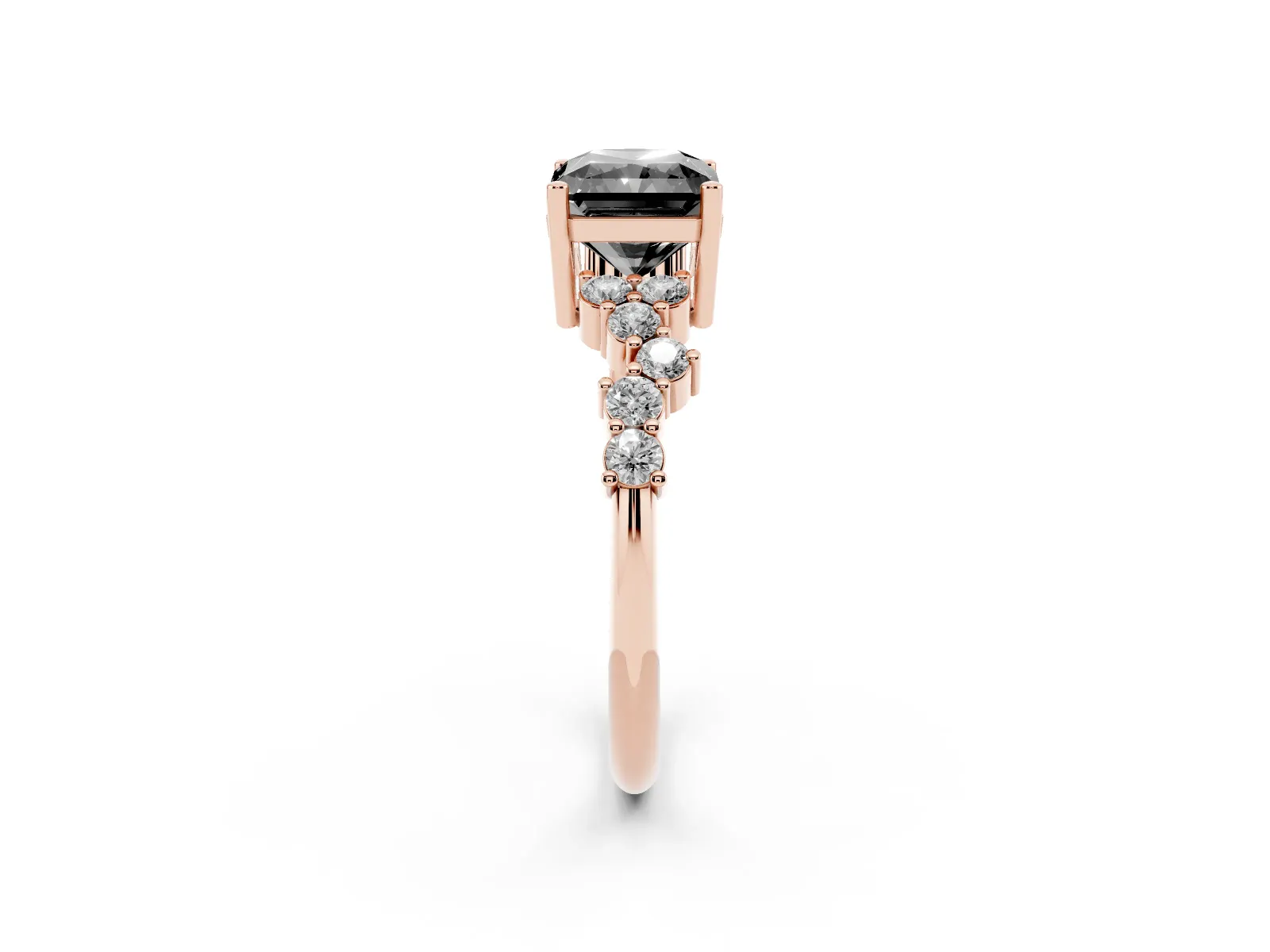 Fancy Black Radiant Cut Diamond Scattered Round Accent Ring with Prong Setting Rose gold