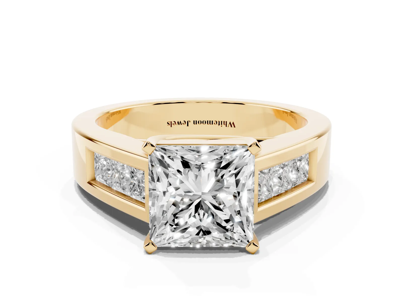 Princess Cut Cut Channel Set Solitaire Ring with Four-Prong Setting Yellow gold