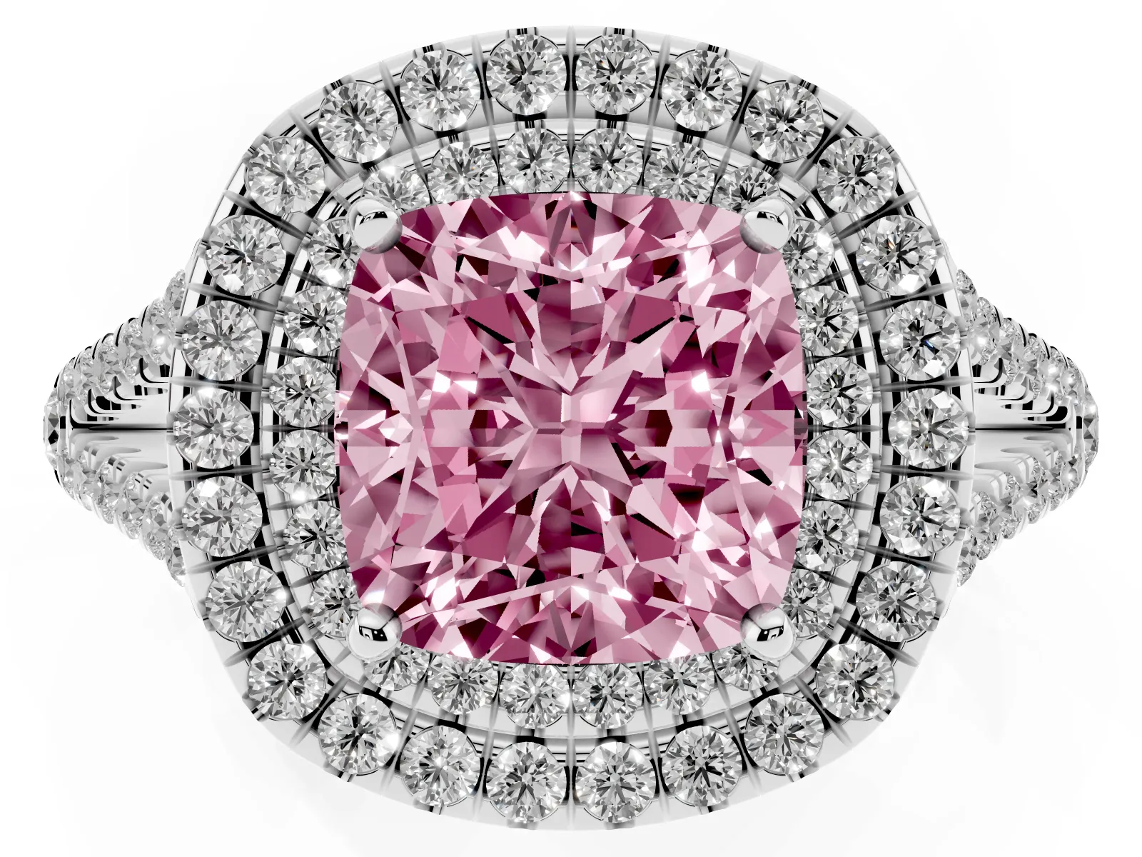 Fancy Pink Cushion Cut Diamond Double Halo Ring with Pavé Band and Prong Setting Platinum