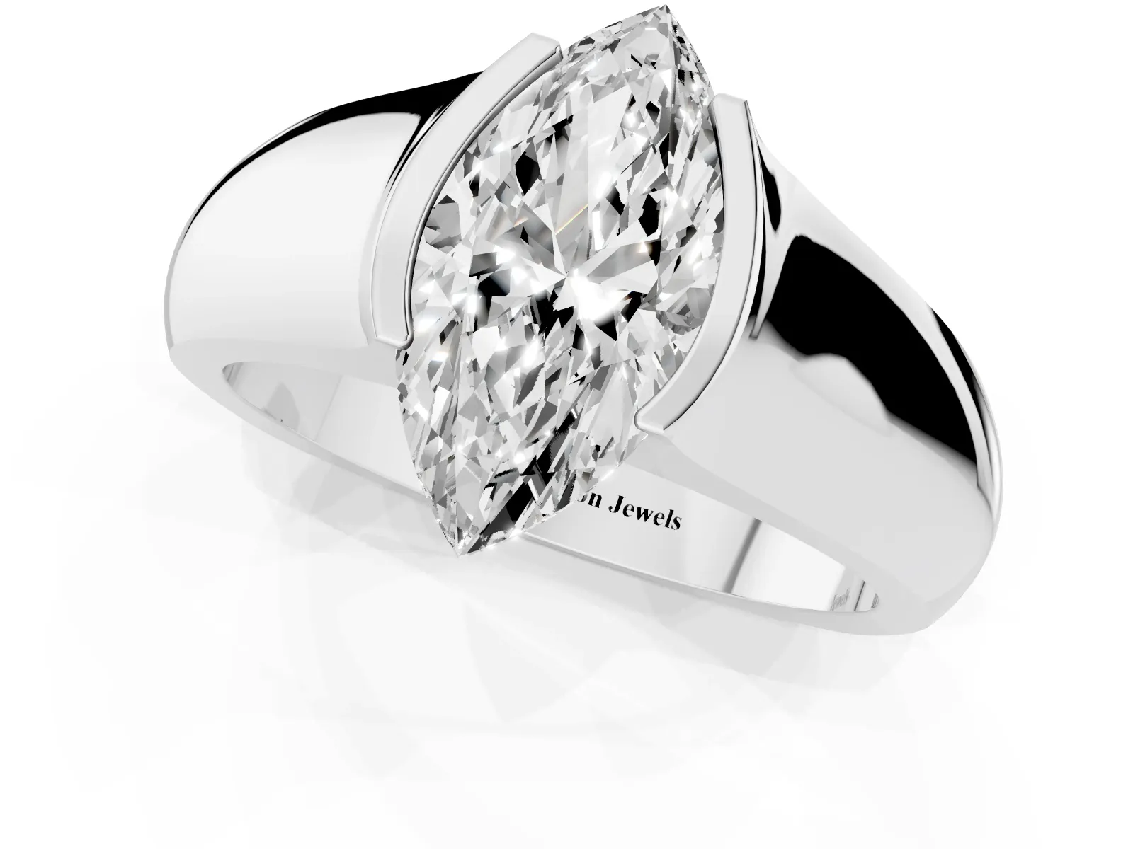 Marquise Cut Solitaire Bezel Set Diamond Ring with Wide Band White gold