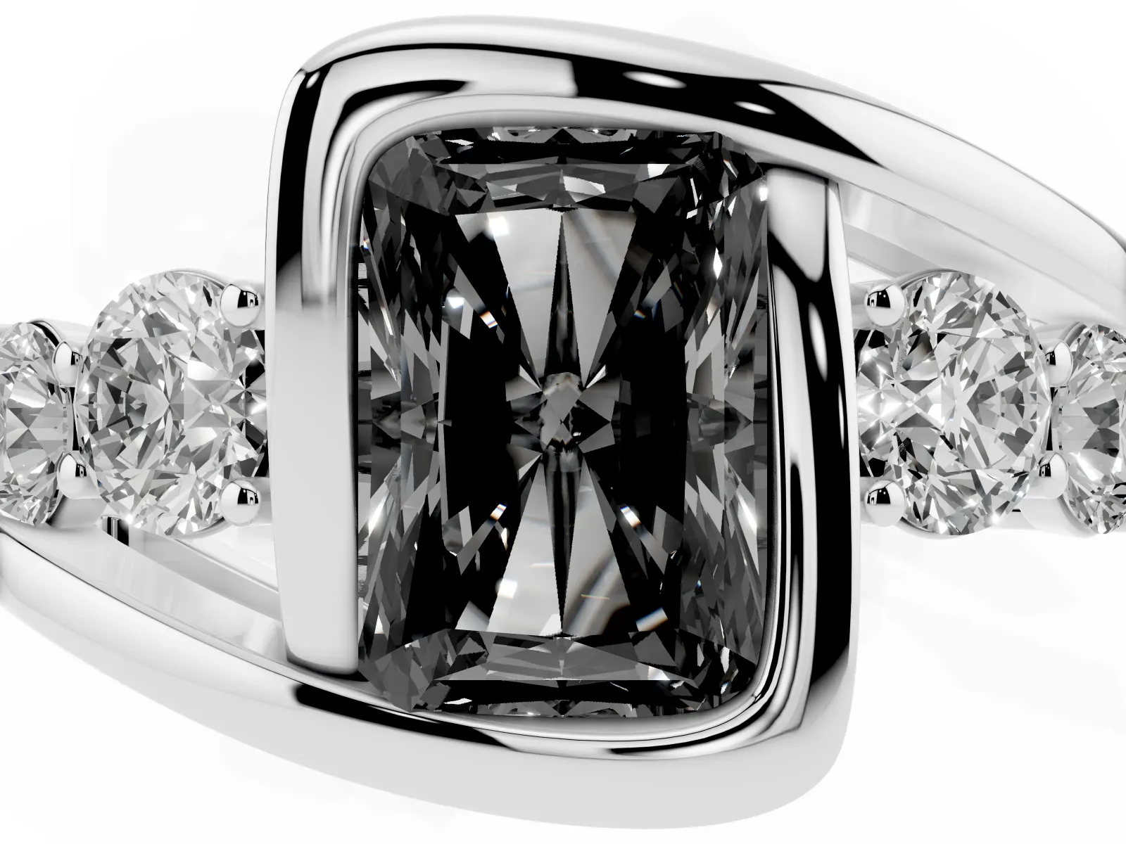 Fancy Black Bezel Set Radiant Cut Diamond Bypass Ring with Round Accents White gold