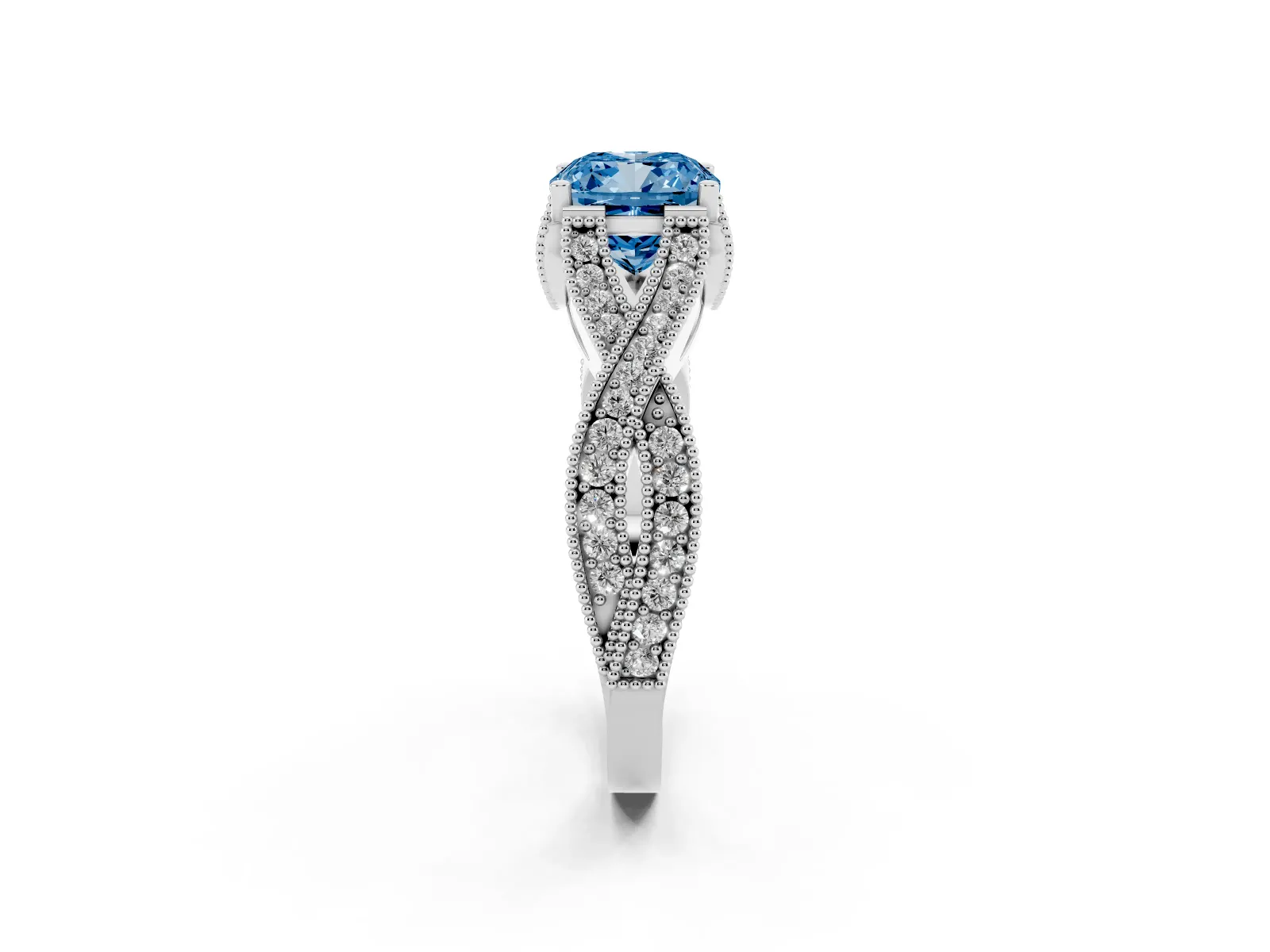 Fancy Blue Cushion Cut Cut Diamond Twisted Band with Milgrain Pave Setting and Four-Prong Setting Platinum