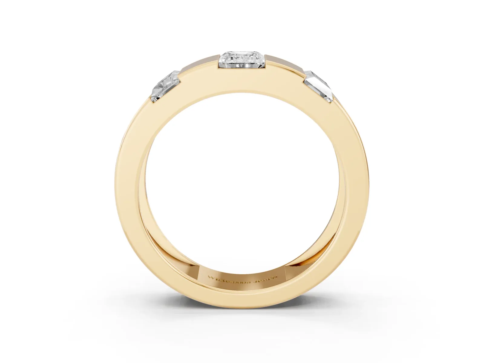 Emerald Cut Diamond Three-Stone Mens Ring with Baguette Side Stones Yellow gold