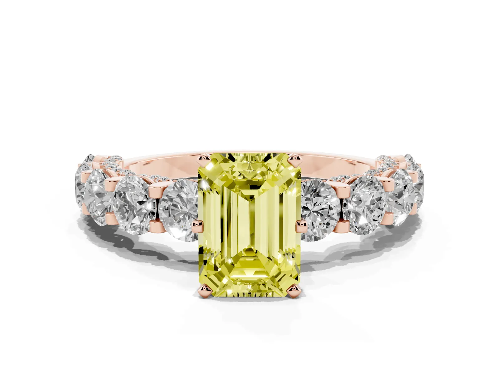 Fancy Yellow Emerald Cut Diamond Side Stone Engagement Ring with Four-Prong Setting Rose gold