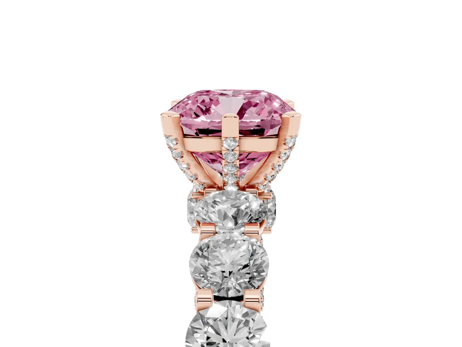 Fancy Pink Cushion Cut Diamond Side Stone Engagement Ring with Four-Prong Setting Rose gold