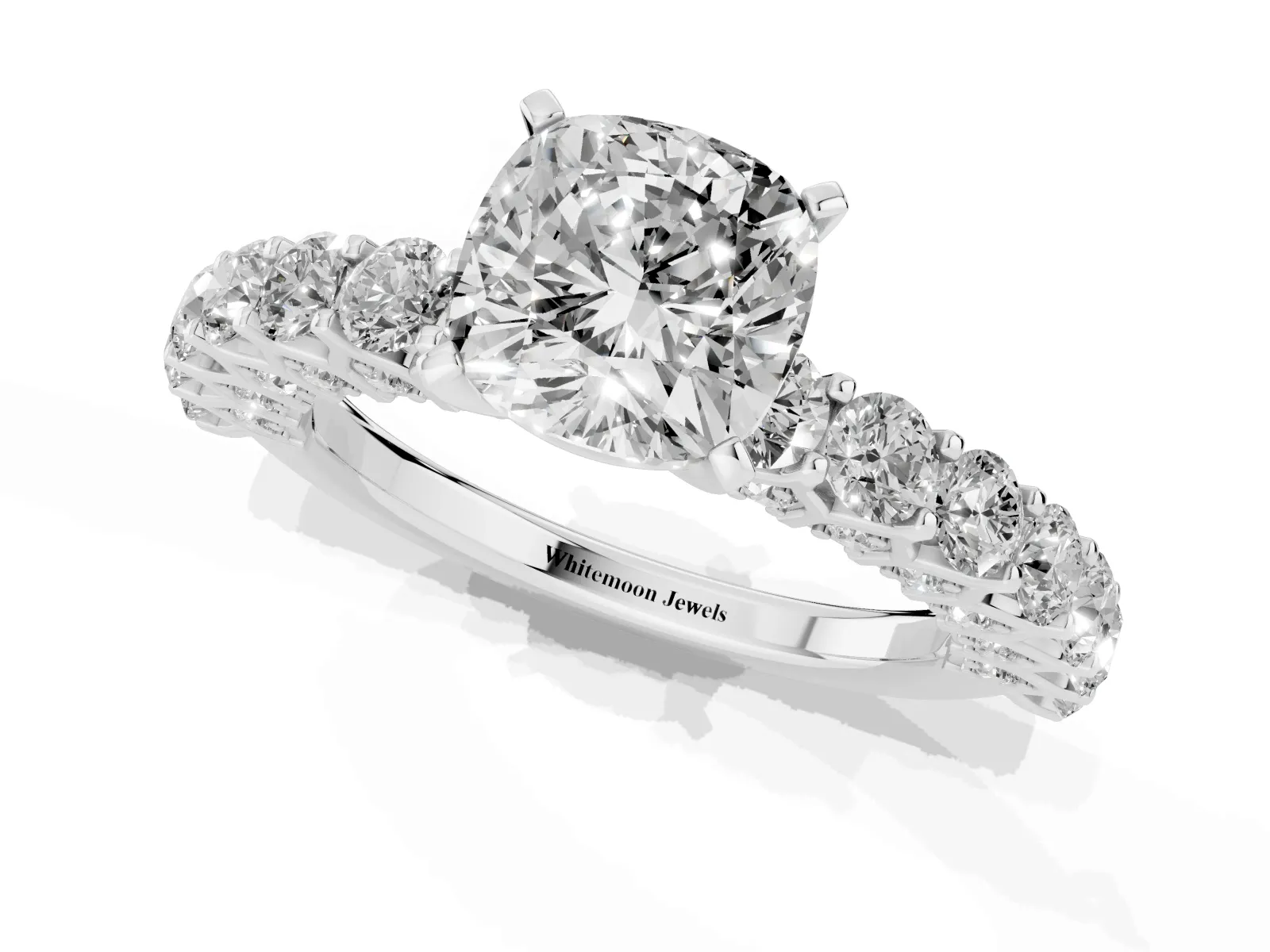 Cushion Cut Diamond Solitaire Ring with Shared Prong Pavé Band and Four-Prong Setting White gold
