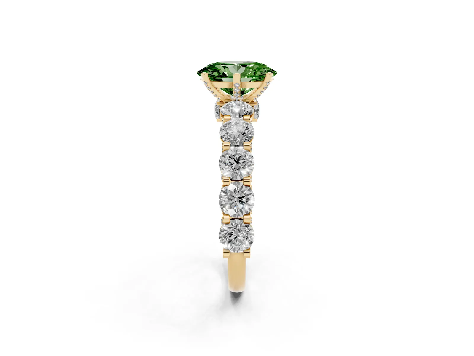 Fancy Green Oval Cut Diamond Side Stone Engagement Ring with Four-Prong Setting Yellow gold
