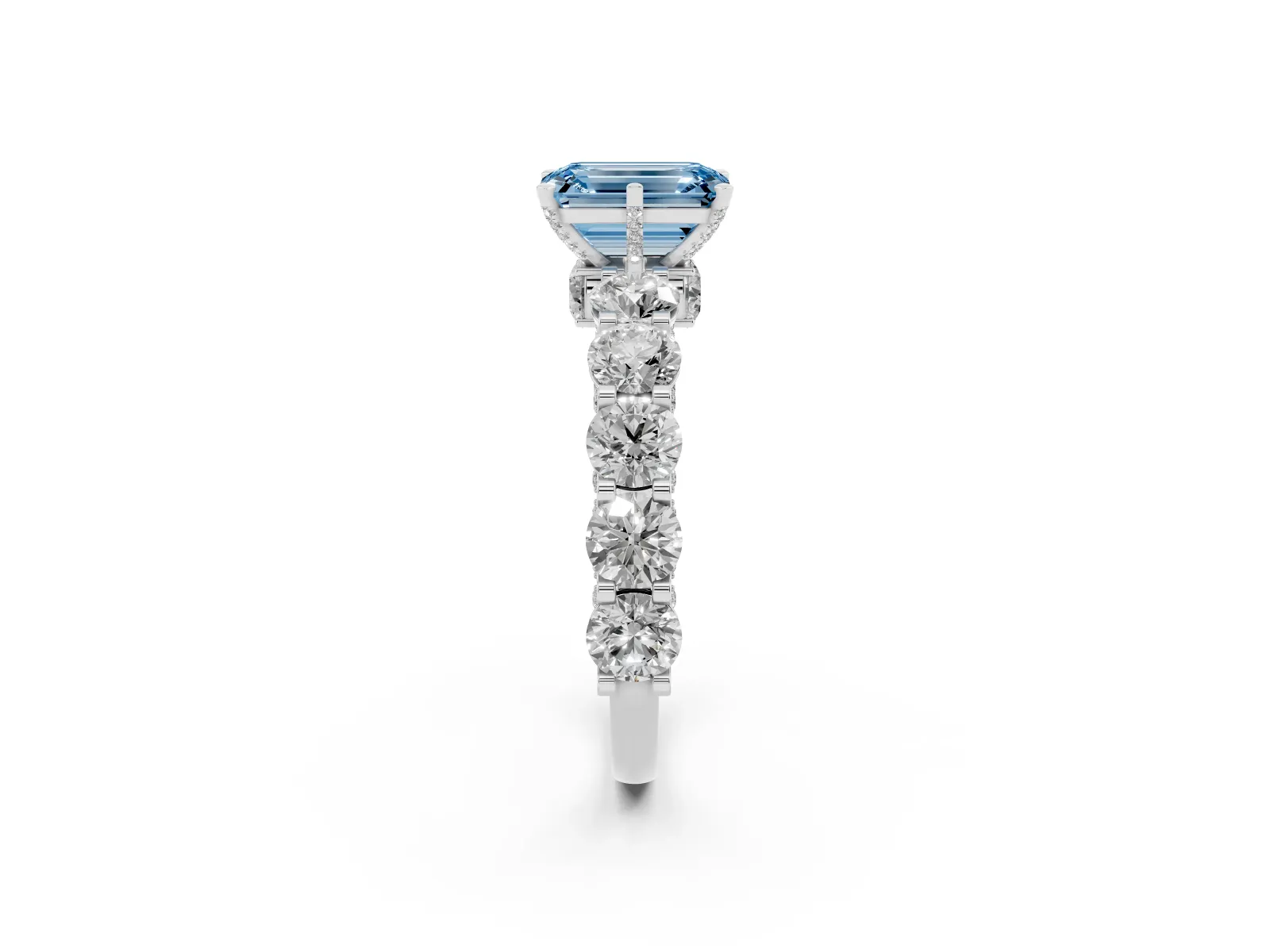 Fancy Blue Emerald Cut Diamond Side Stone Engagement Ring with Four-Prong Setting White gold