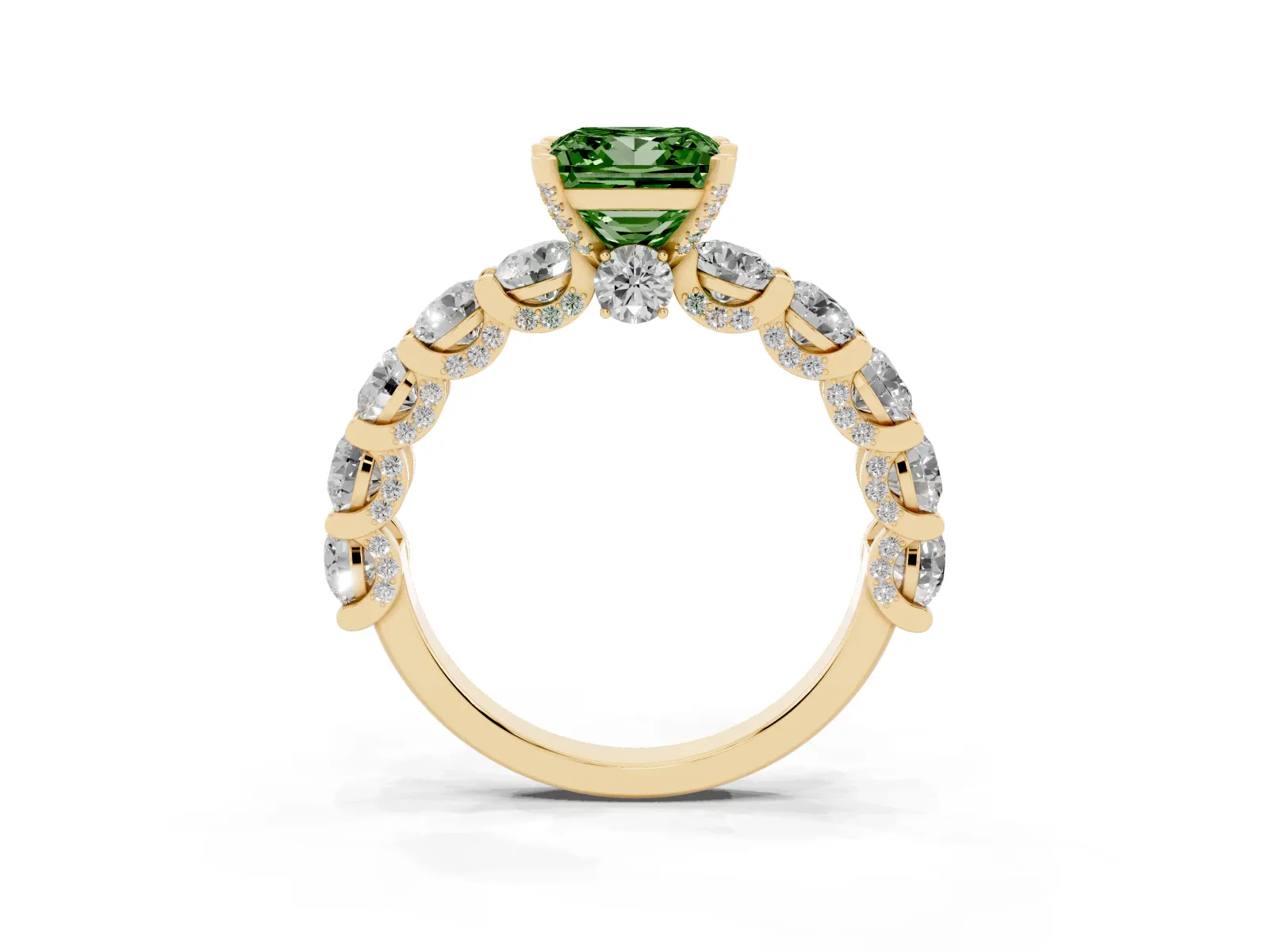Fancy Green Princess Cut Diamond Side Stone Engagement Ring with Four-Prong Setting Yellow gold