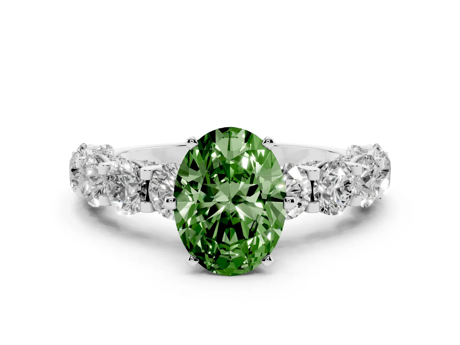 Fancy Green Oval Cut Diamond Side Stone Engagement Ring with Four-Prong Setting Platinum