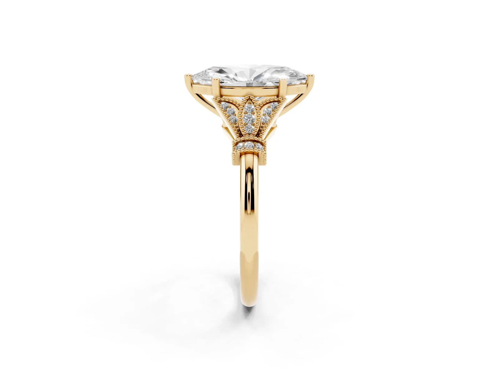 Marquise Cut Diamond Solitaire Ring with Floral Filigree and Pave Accents Yellow gold