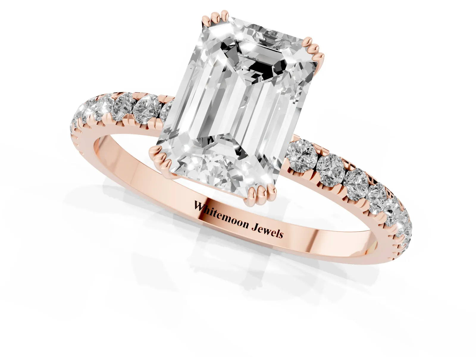Emerald Cut Brilliant Solitaire with Pavé Band and Claw Prong Setting Rose gold
