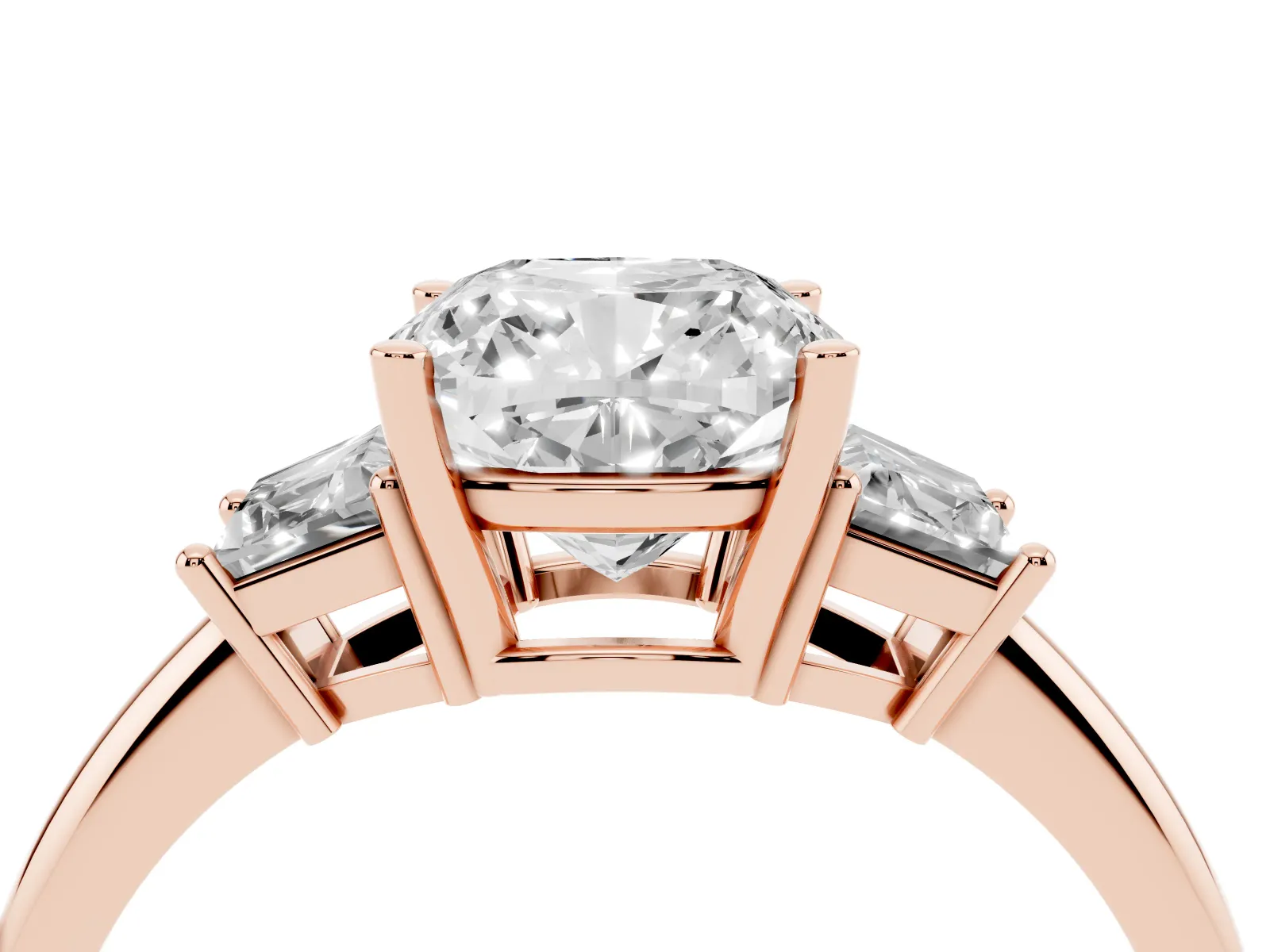 Cushion Cut Diamond Three-Stone Ring with Trapezoid Side Stones and Prong Setting Rose gold
