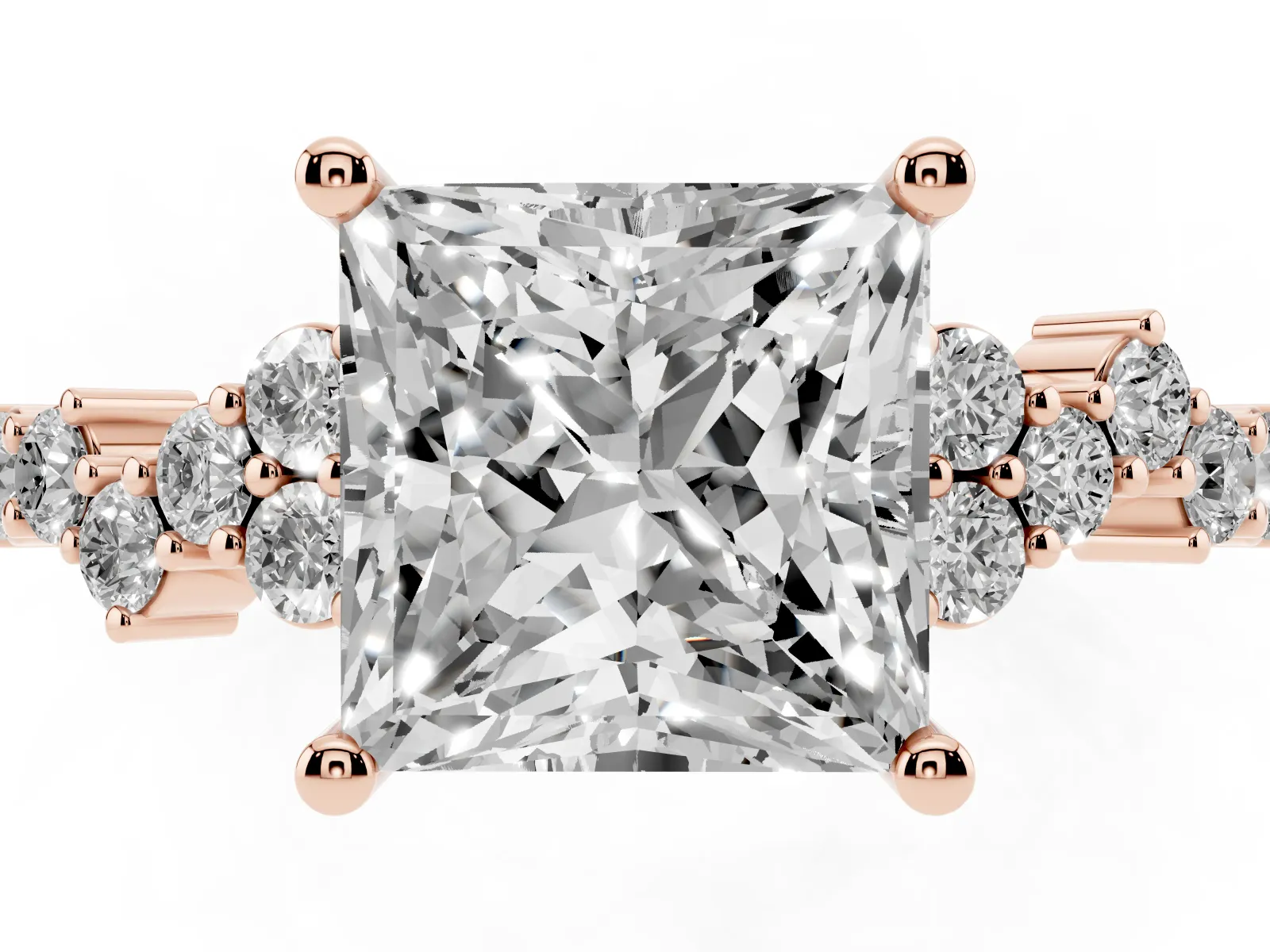 Princess Cut Diamond Scattered Round Accent Ring with Prong Setting Rose gold