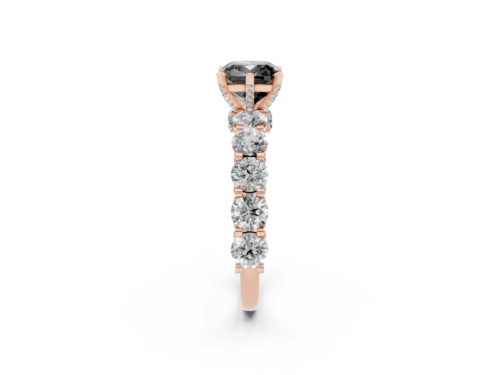 Fancy Black Cushion Cut Diamond Side Stone Engagement Ring with Four-Prong Setting Rose gold
